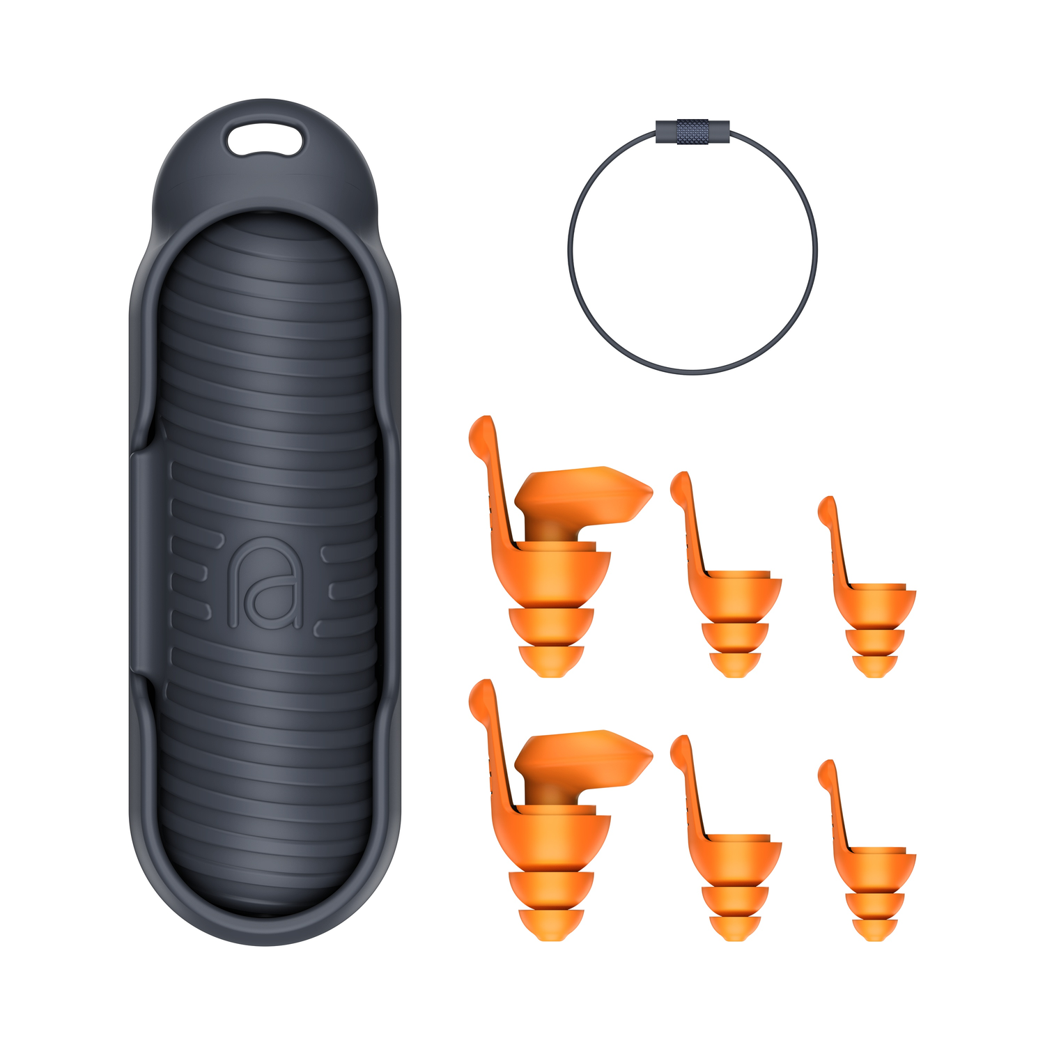 Oordopjes, een draagtasje en een ring. Oordopjes zijn oranje en het tasje grijs. Op wit.