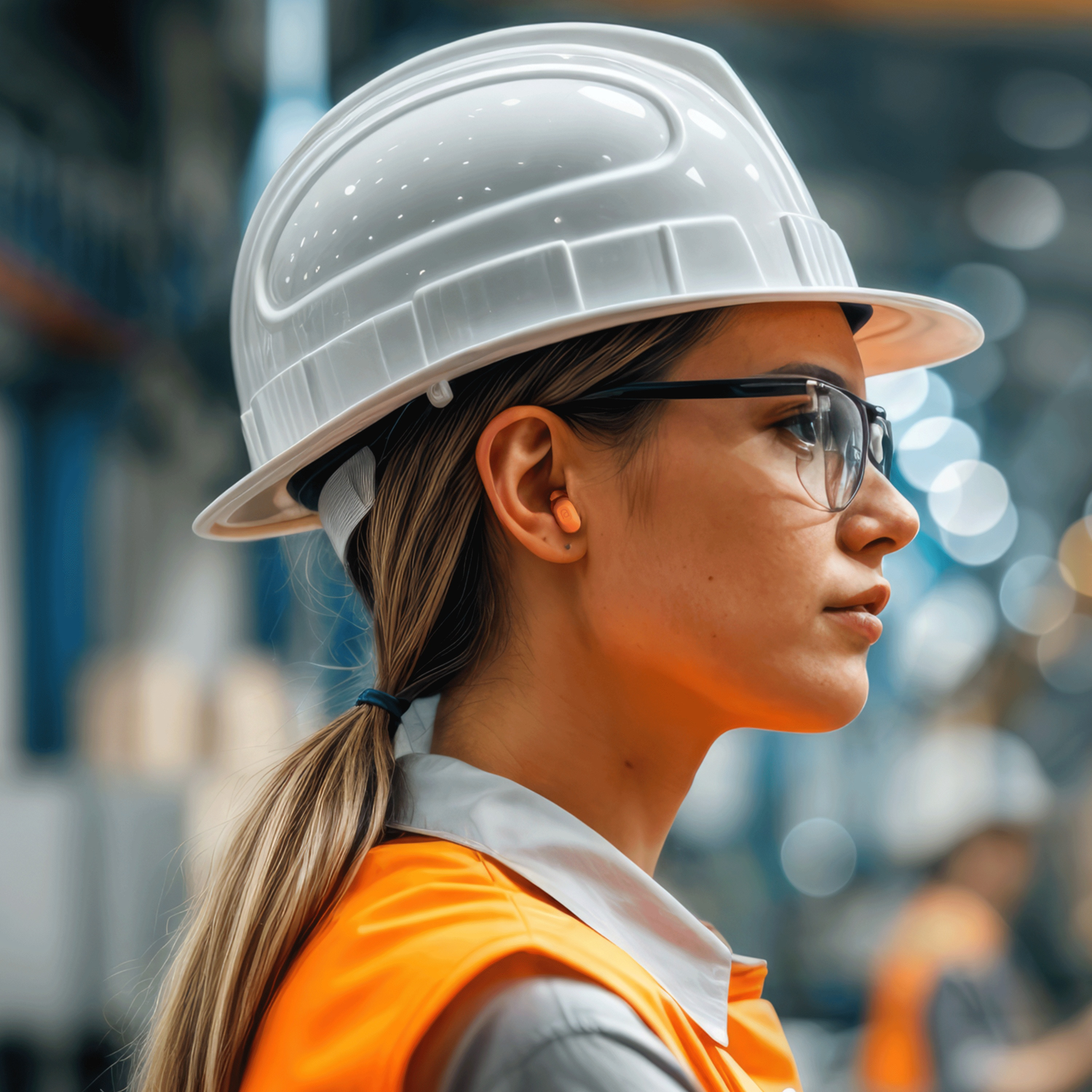 Vrouw met helm, bril en oranje vest, met oordopjes, kijkt naar rechts in industriële omgeving.