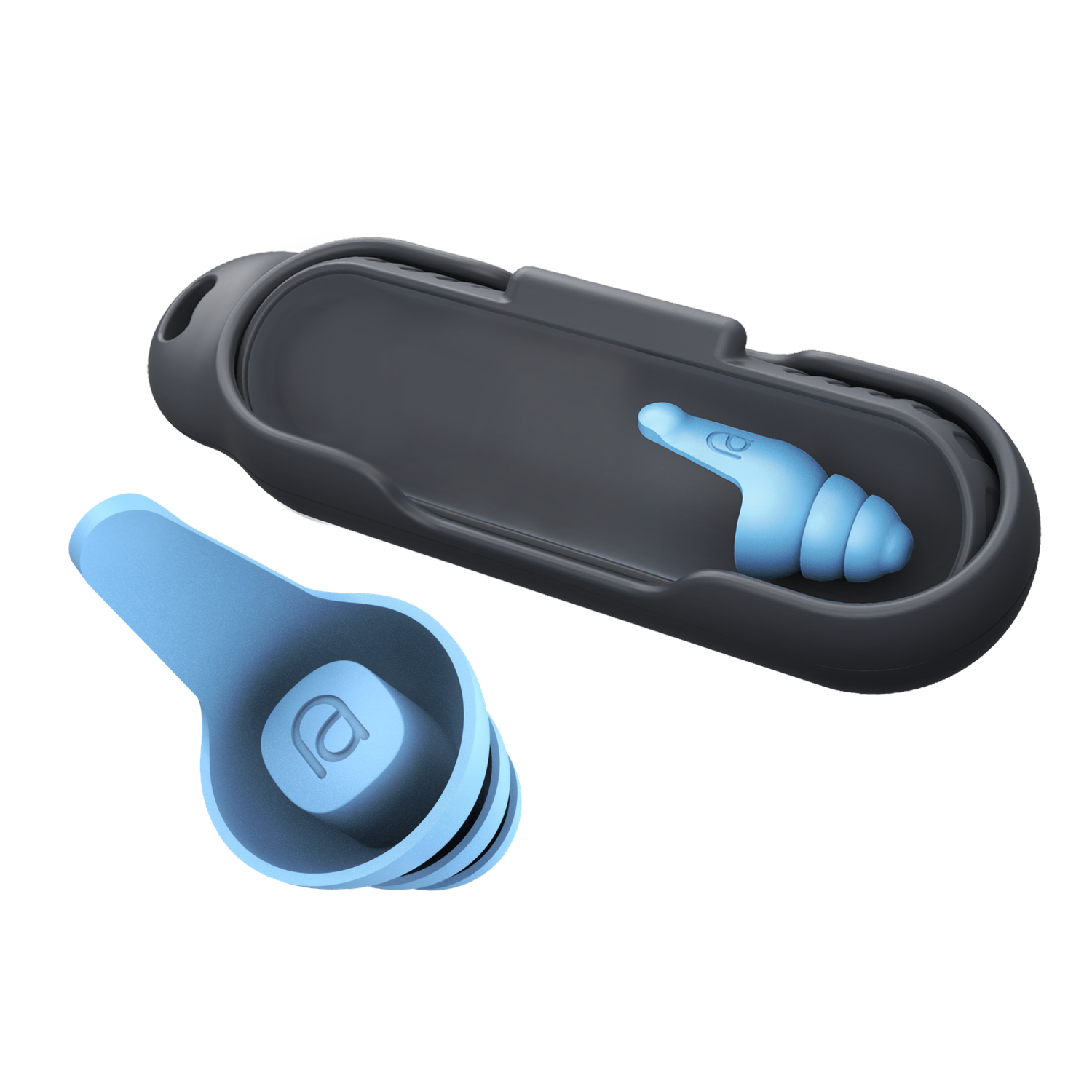 Blue earplugs in a black case. The case is open and the earplugs are visible.