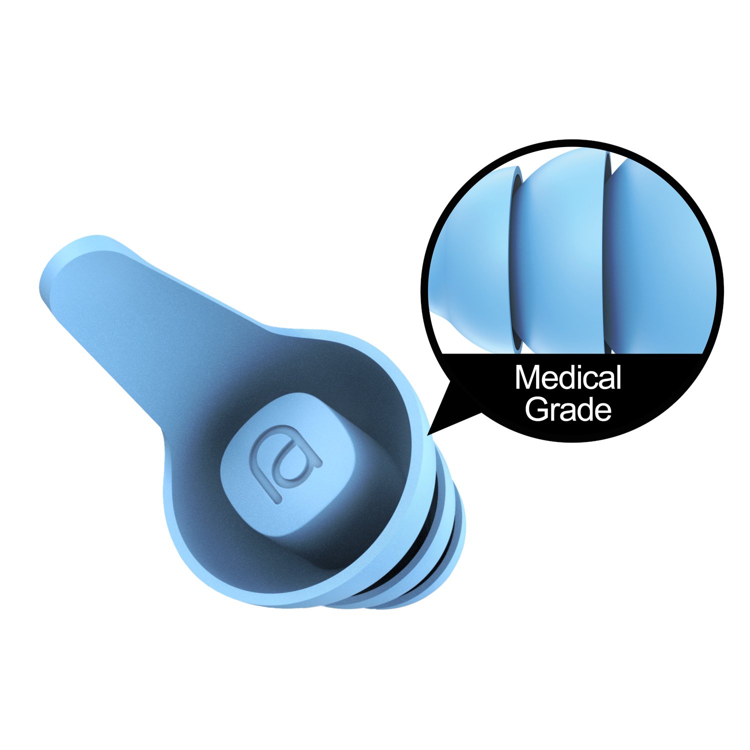 Light blue ear plugs with a label saying "Medical Grade".