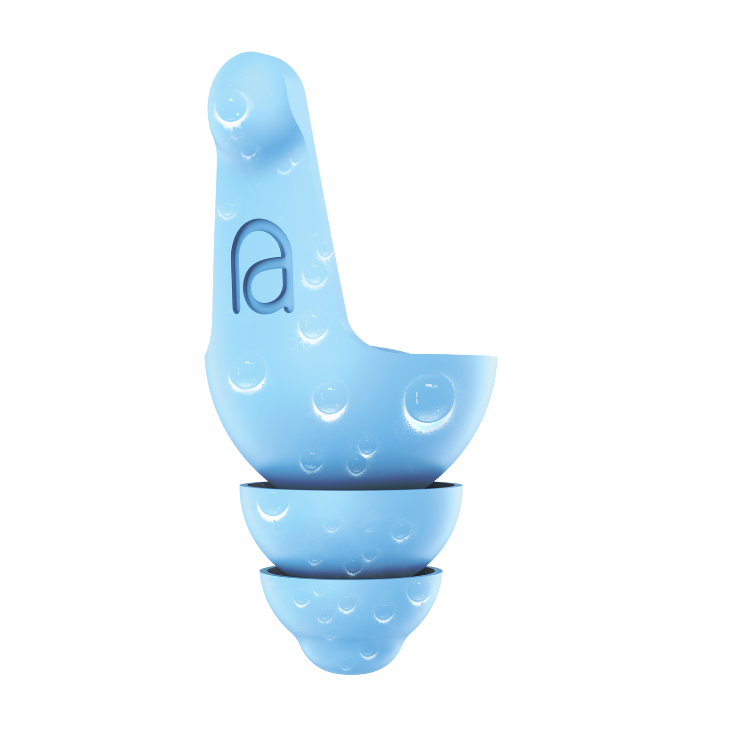 Three light blue earplugs are shown against a white background.