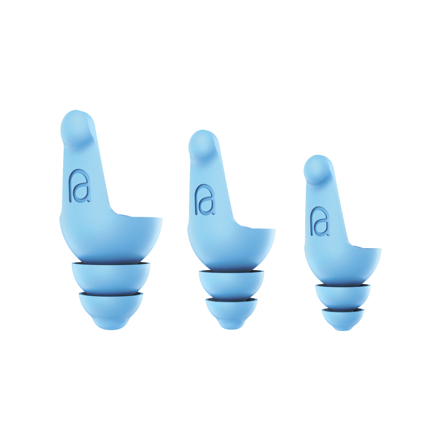 Three light blue earplugs, varying in size, displayed against a white background.