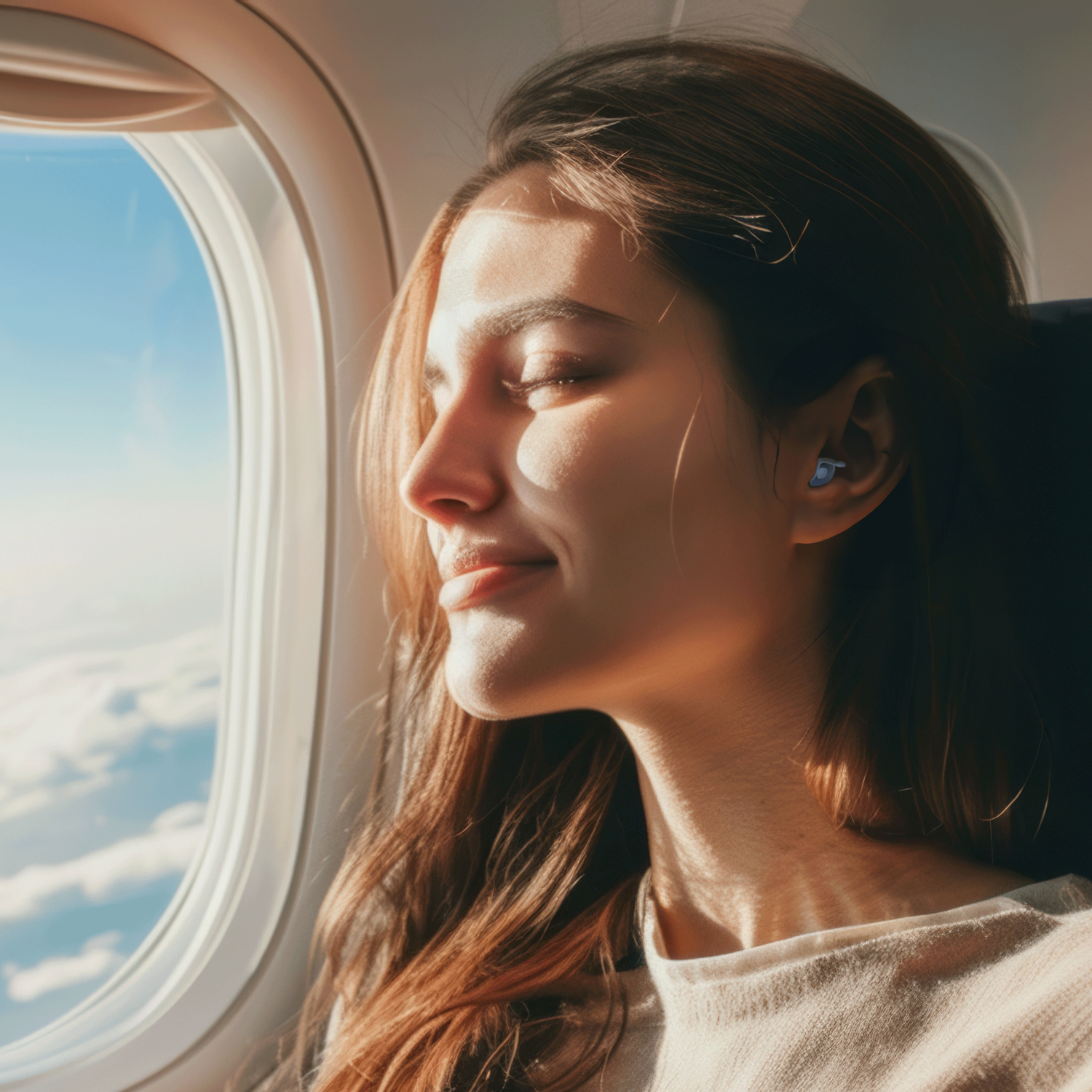 Woman in plane, looking out window, wearing earbuds.