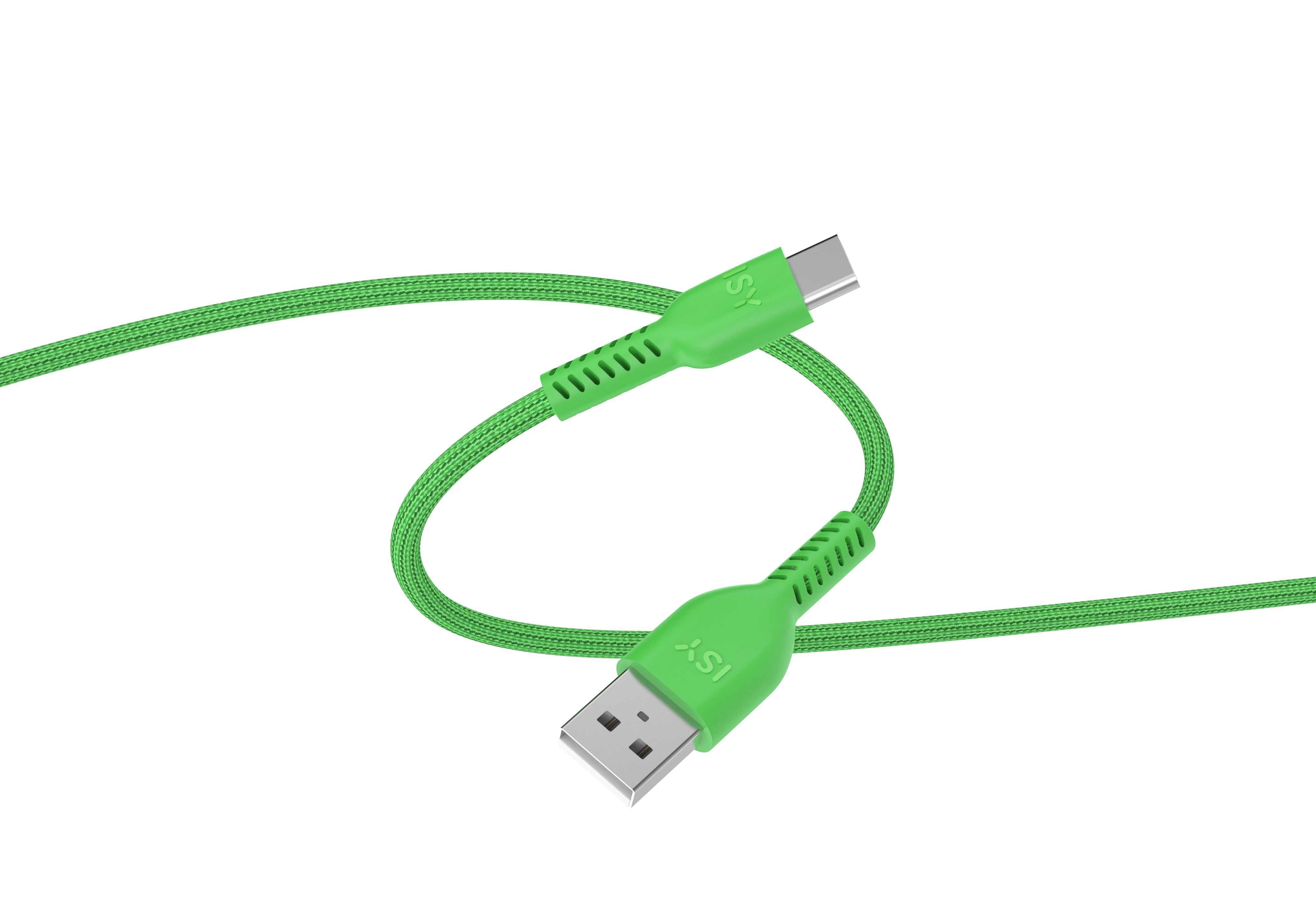 Grünes USB-C-zu-USB-Kabel, auf schwarzem Hintergrund aufgerollt. Grüne Anschlüsse.