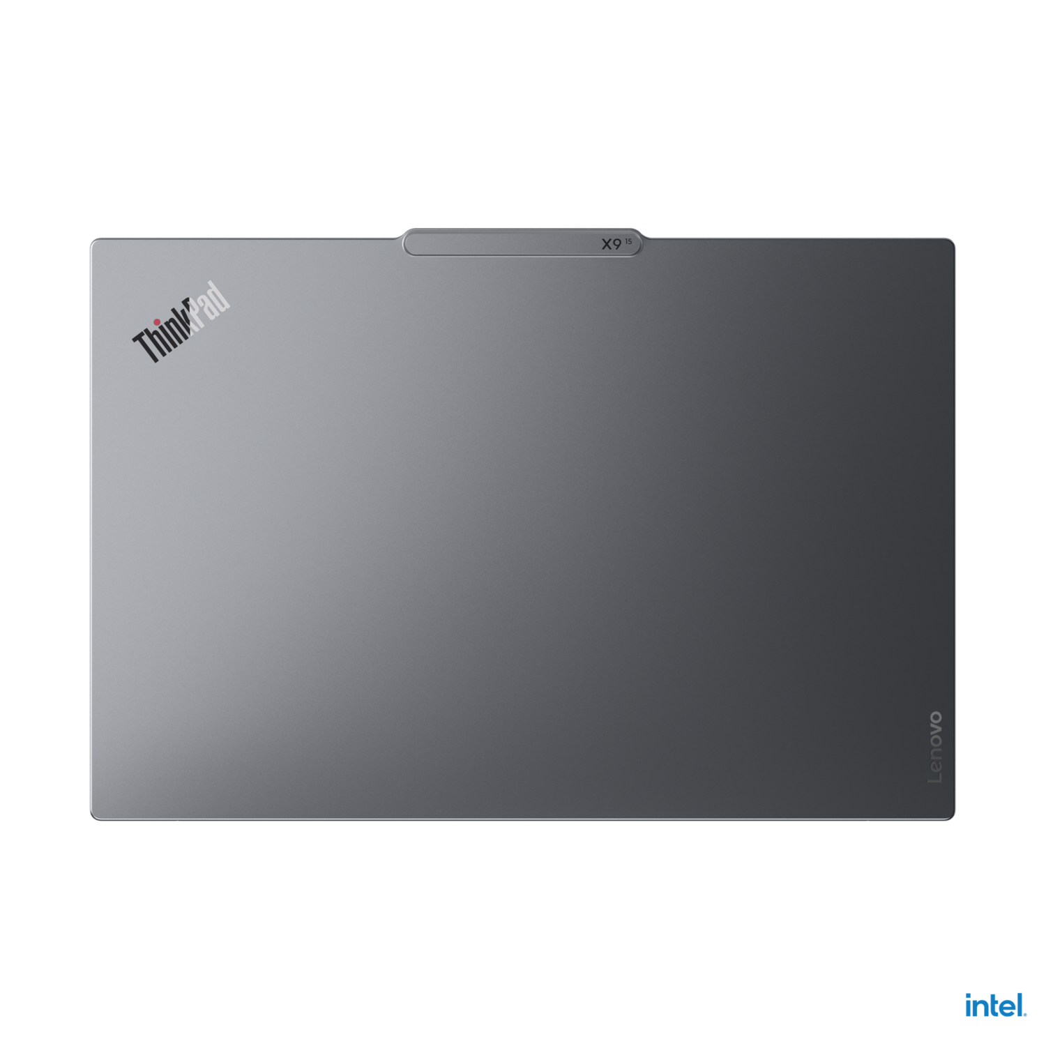 Top view of a gray ThinkPad laptop, showing the top surface with the ThinkPad logo.