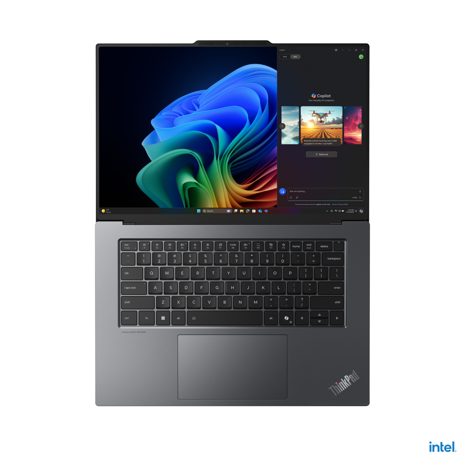 A Lenovo Thinkpad laptop displays Copilot AI. The screen shows colorful abstract art and a Copilot interface.