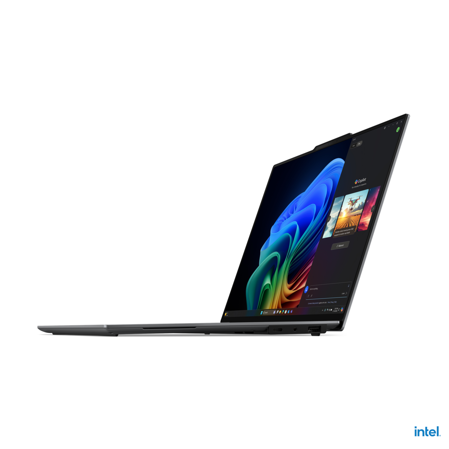 A laptop showing a colorful screen with a video application and the Intel logo in the bottom corner.