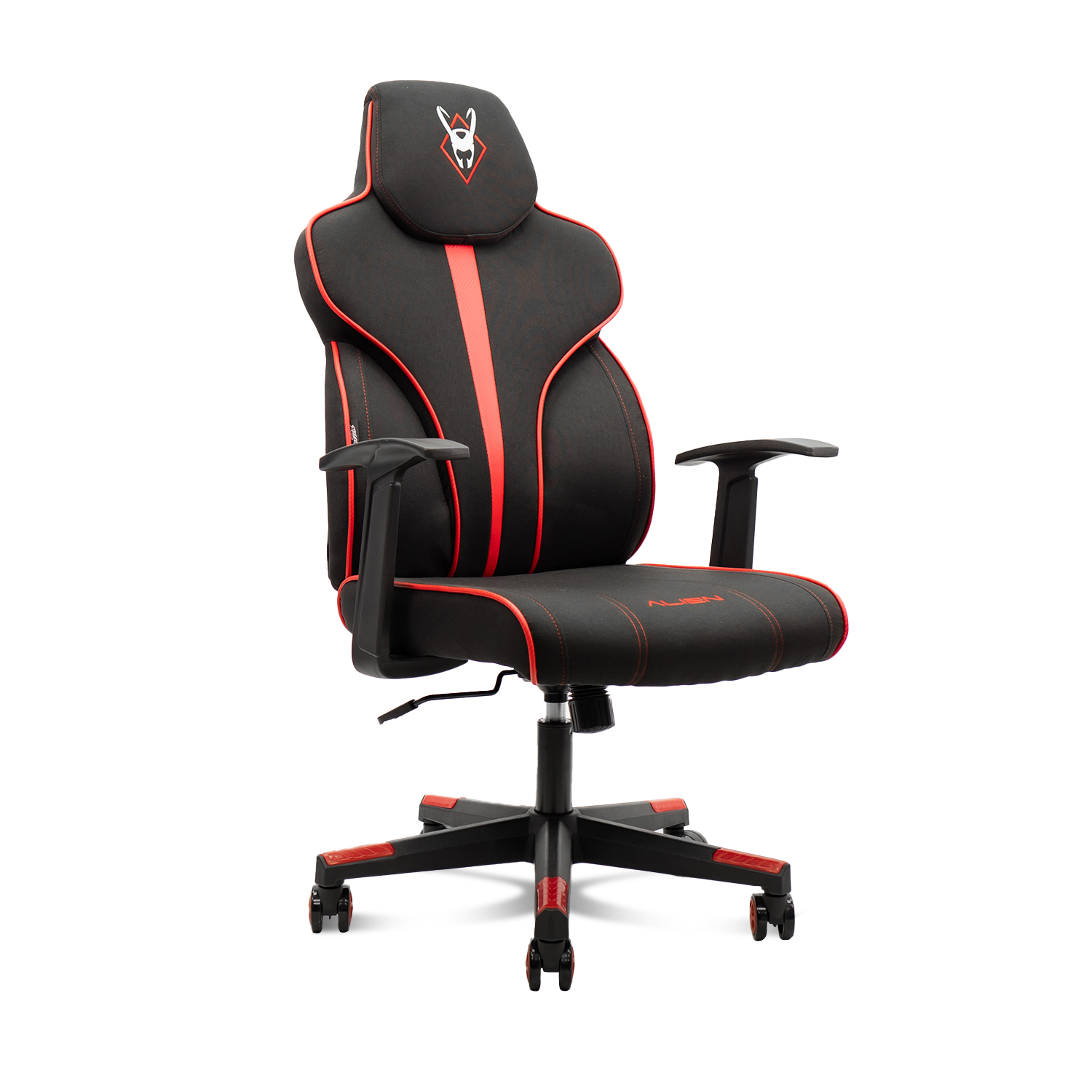 Silla gaming negra y roja sobre fondo blanco. Logotipo Alien en el reposacabezas.