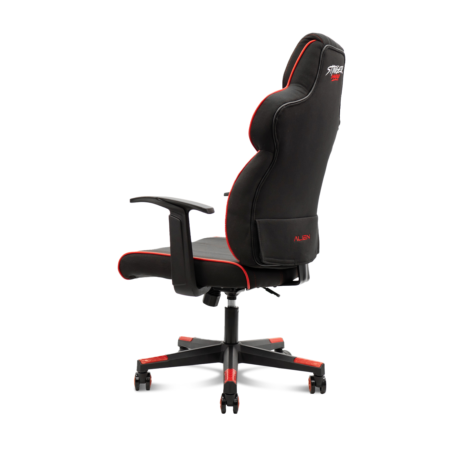 Silla gamer, vista trasera, negra con detalles rojos. Fondo blanco.