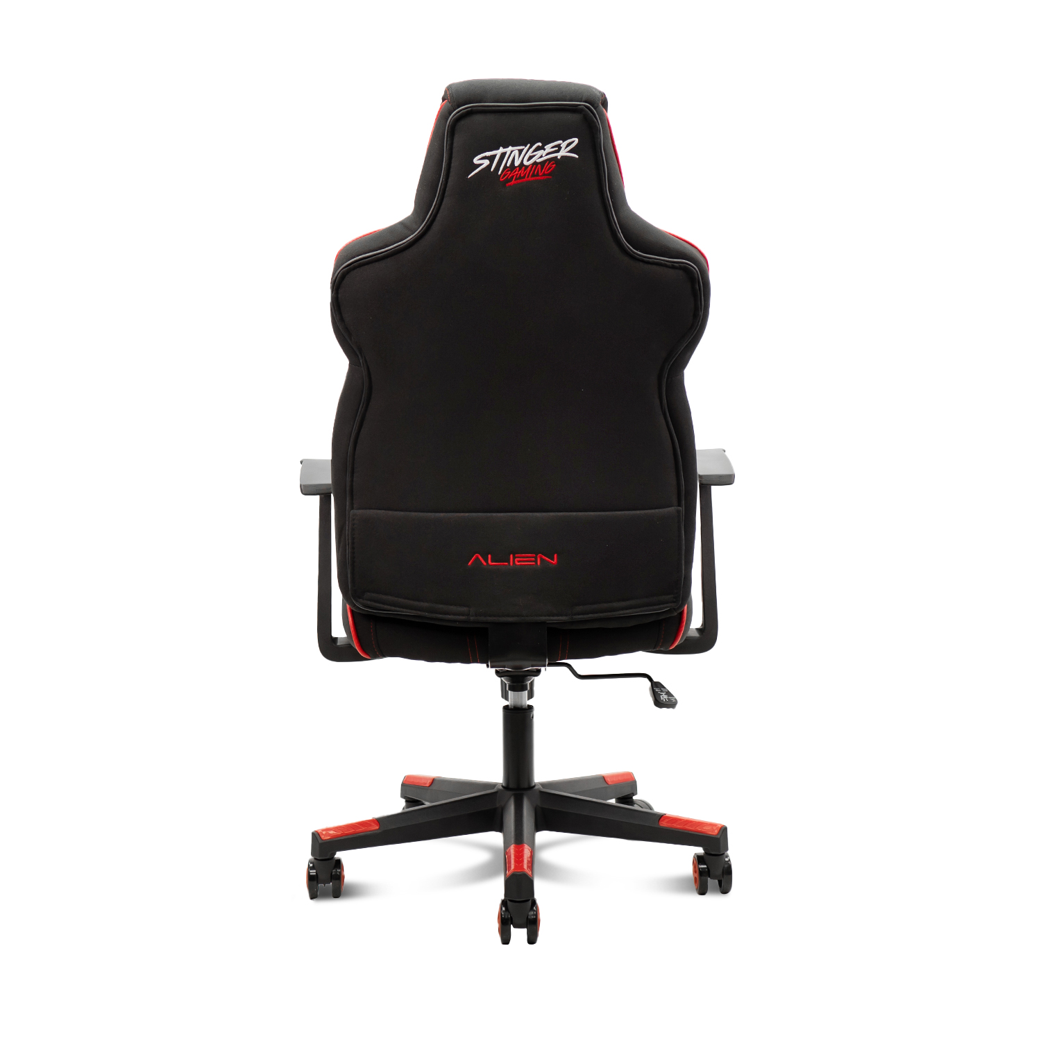 Silla gaming, vista trasera, negro con detalles rojos. Logotipo Alien en el respaldo. Base roja y negra.