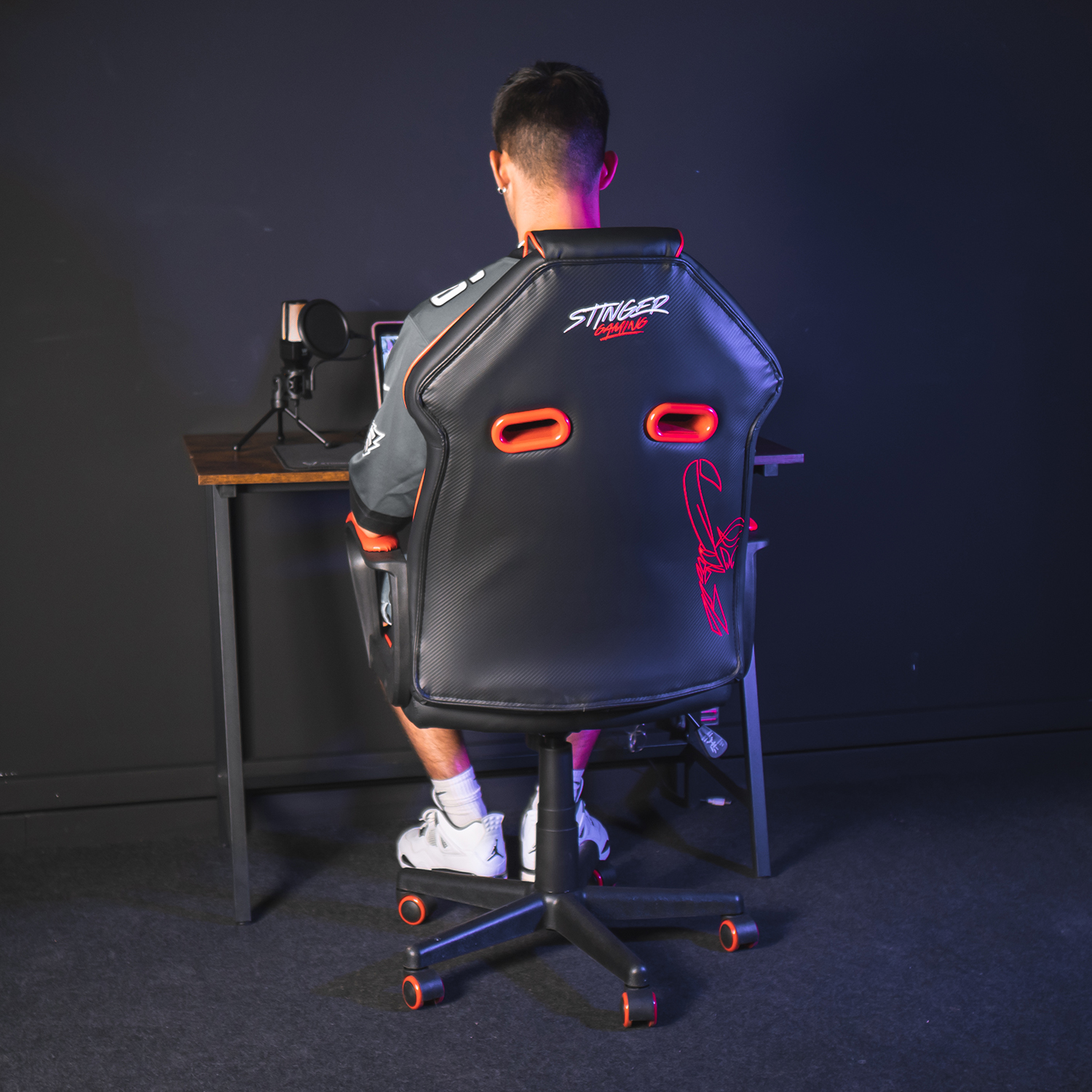 Una persona sentada en un escritorio, silla gaming. La persona está de espaldas a la cámara.