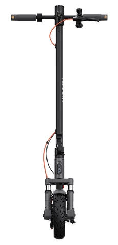 Czarno-szara hulajnoga elektryczna, widziana z przodu. Jest na białym tle.