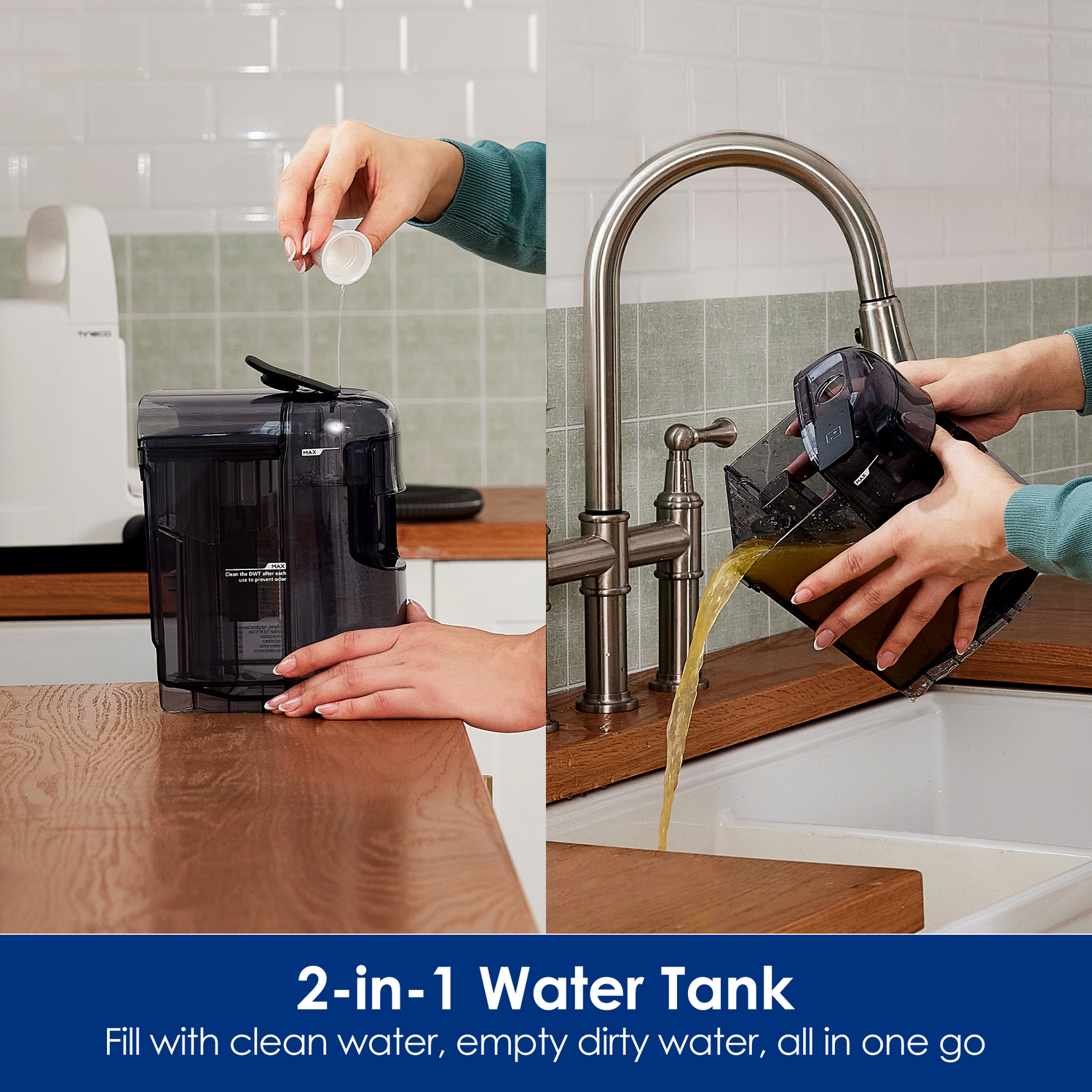 Hands using a 2-in-1 water tank, filling and emptying it into a sink.