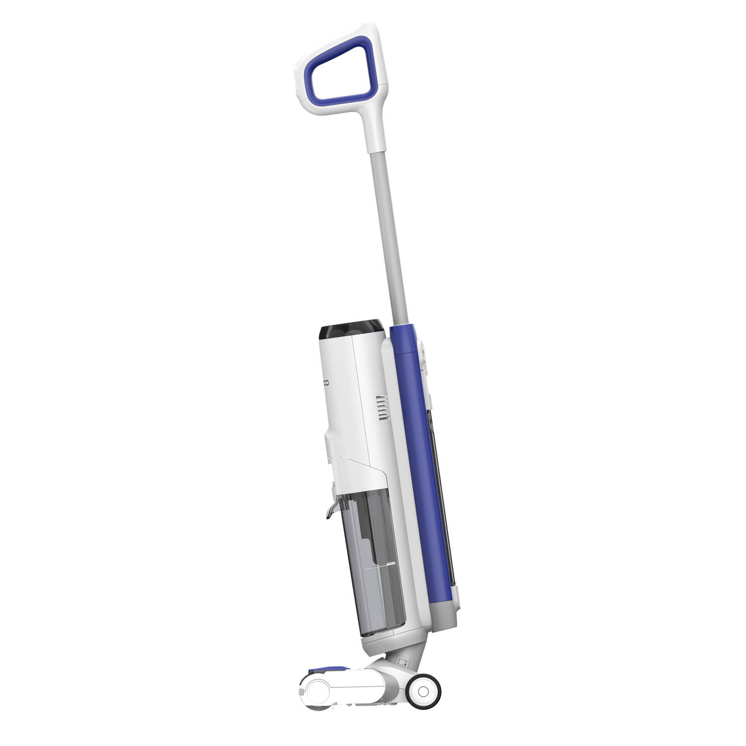 White and blue cordless vacuum cleaner. It's upright, with a handle. White background.