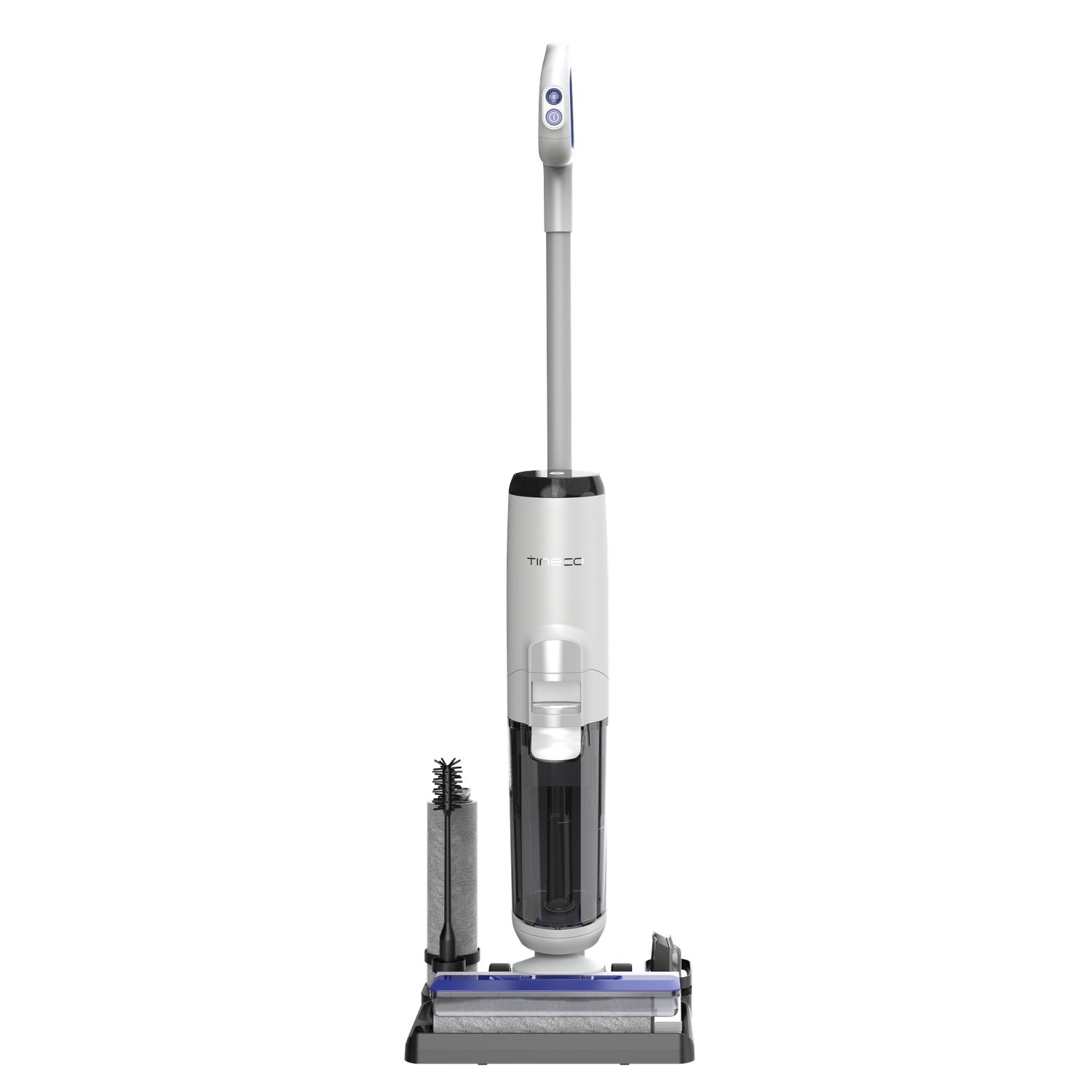 White and gray cordless vacuum cleaner with a brush and a detachable part. White background.