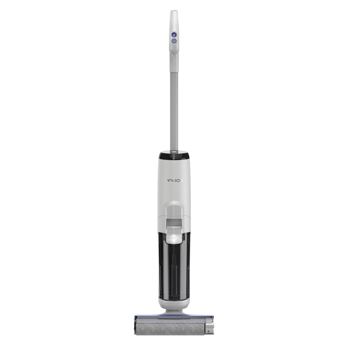 White and gray floor cleaner with a long handle. It has a cleaning head at the bottom.