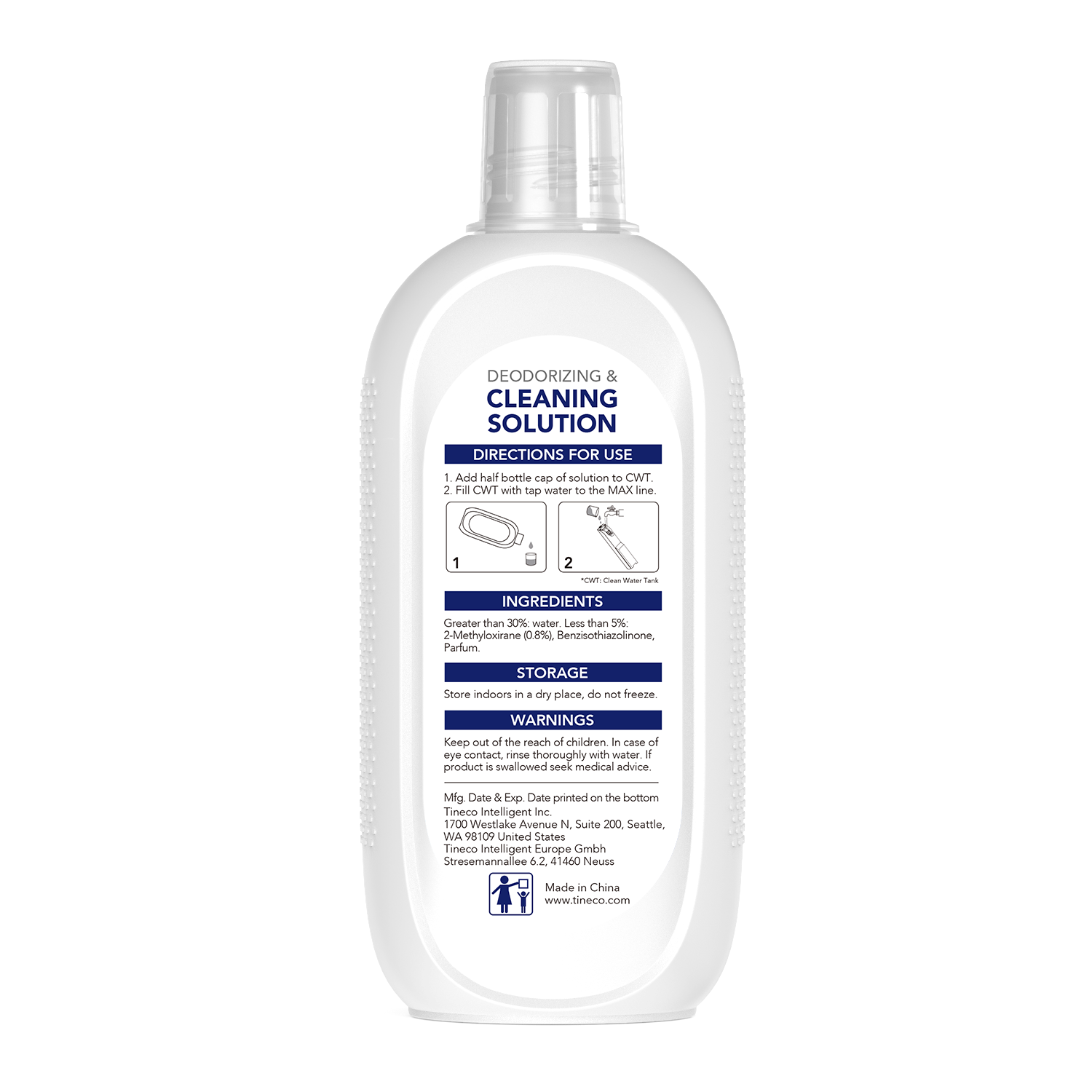 White bottle of cleaning solution with a label. Text and illustrations visible.