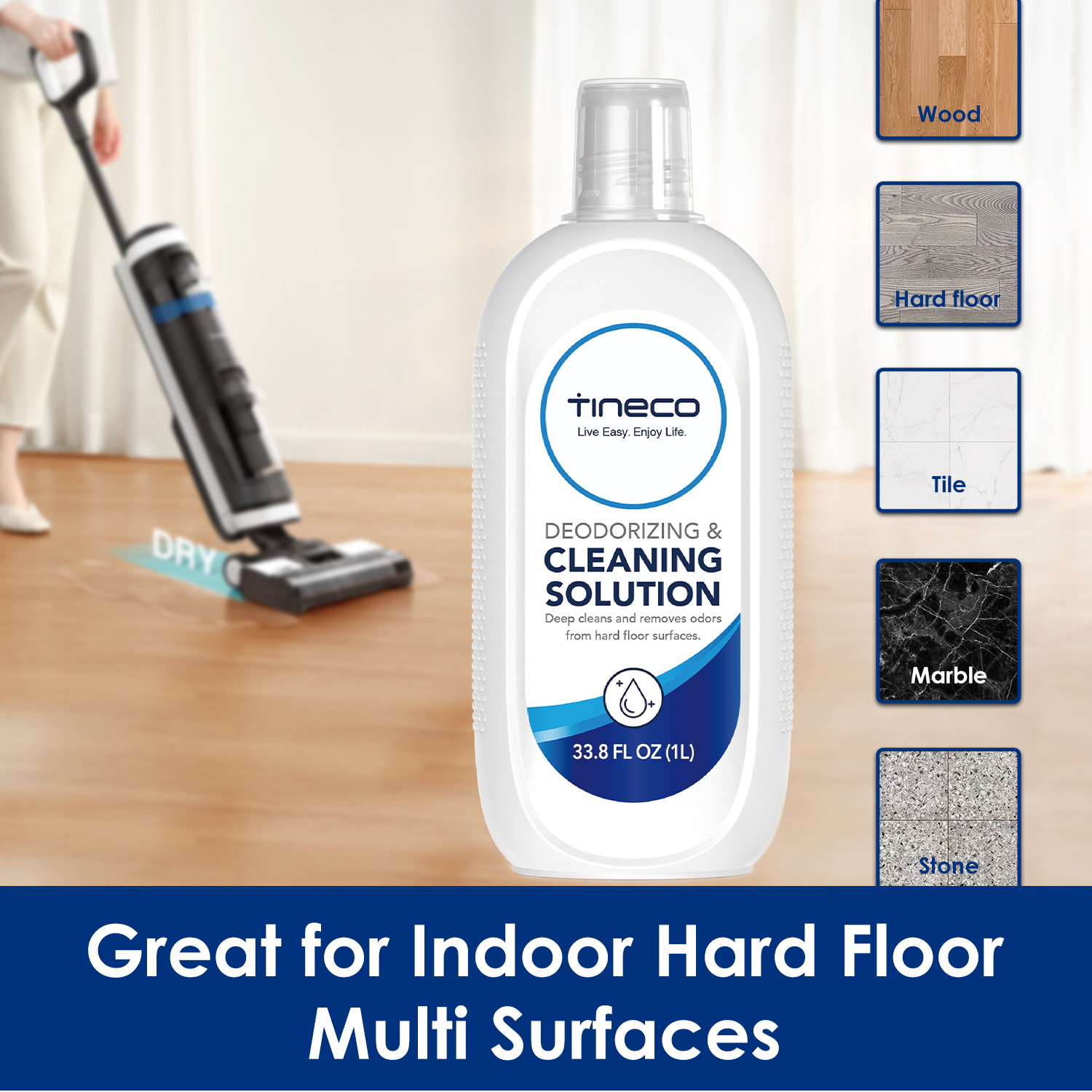 A bottle of cleaning solution and floor types on a wooden floor, with a vacuum cleaner.