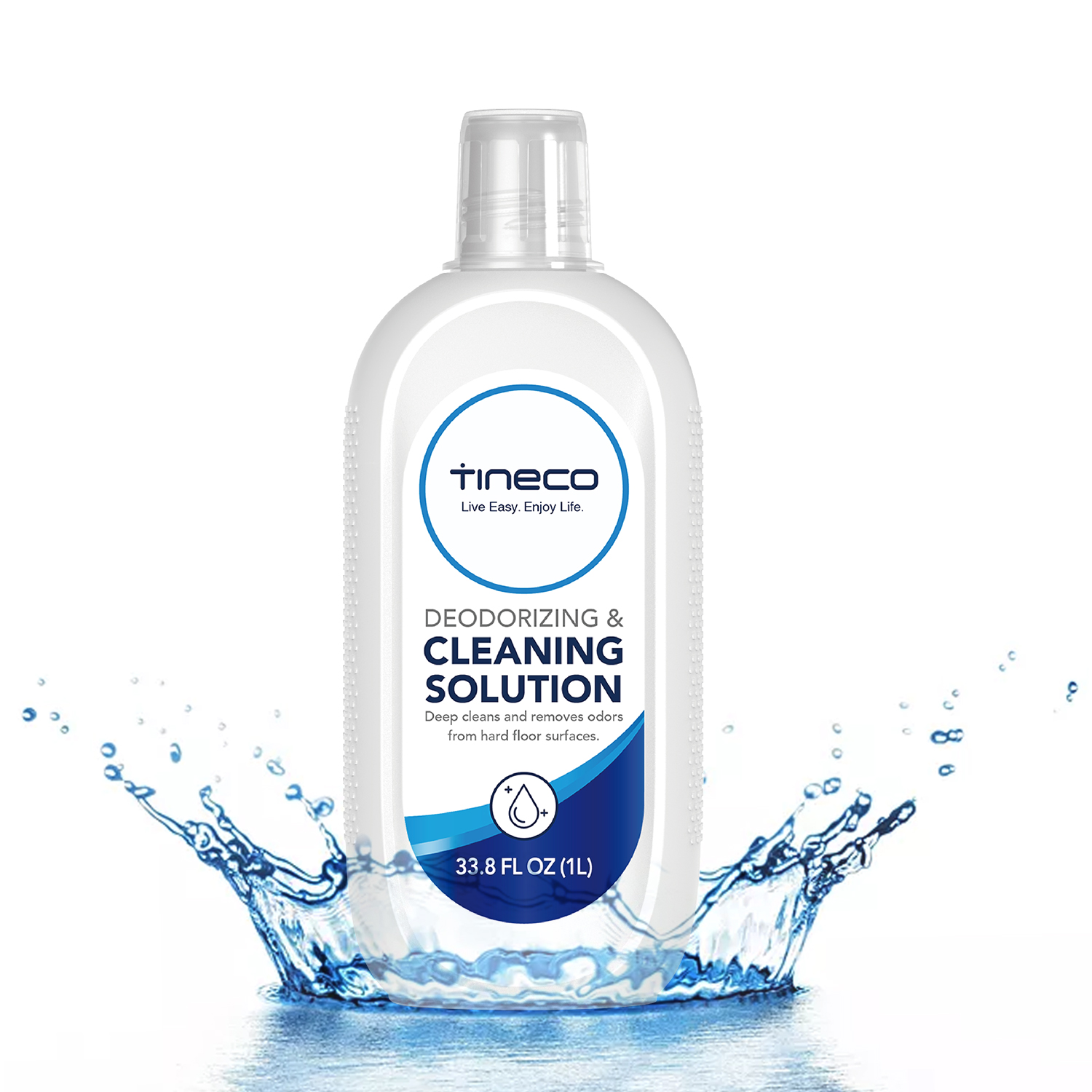 A bottle of cleaning solution. Water splashes are around the bottle.