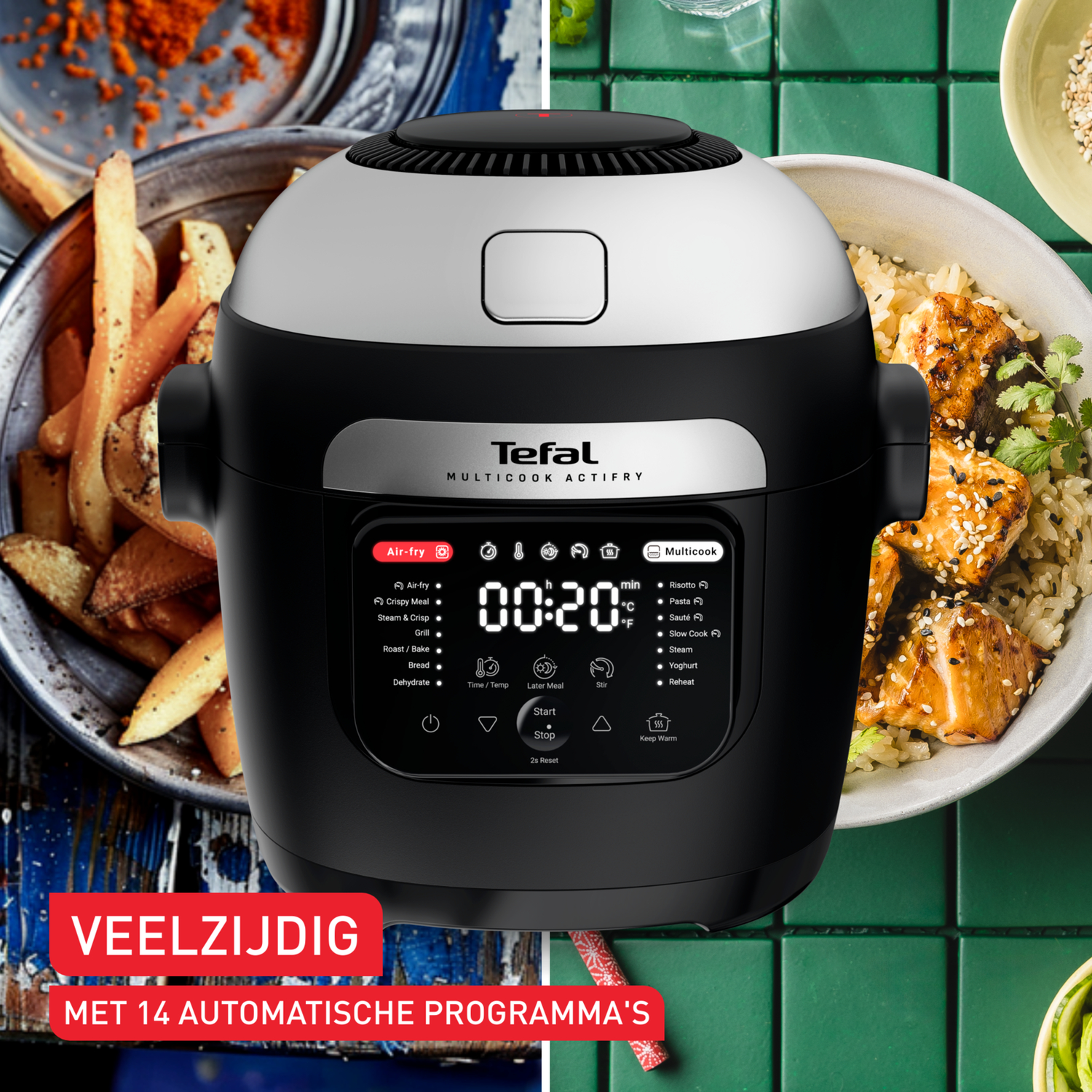 Tefal Multicook Actifry-apparaat met eten eromheen. Het toont de kookinterface.