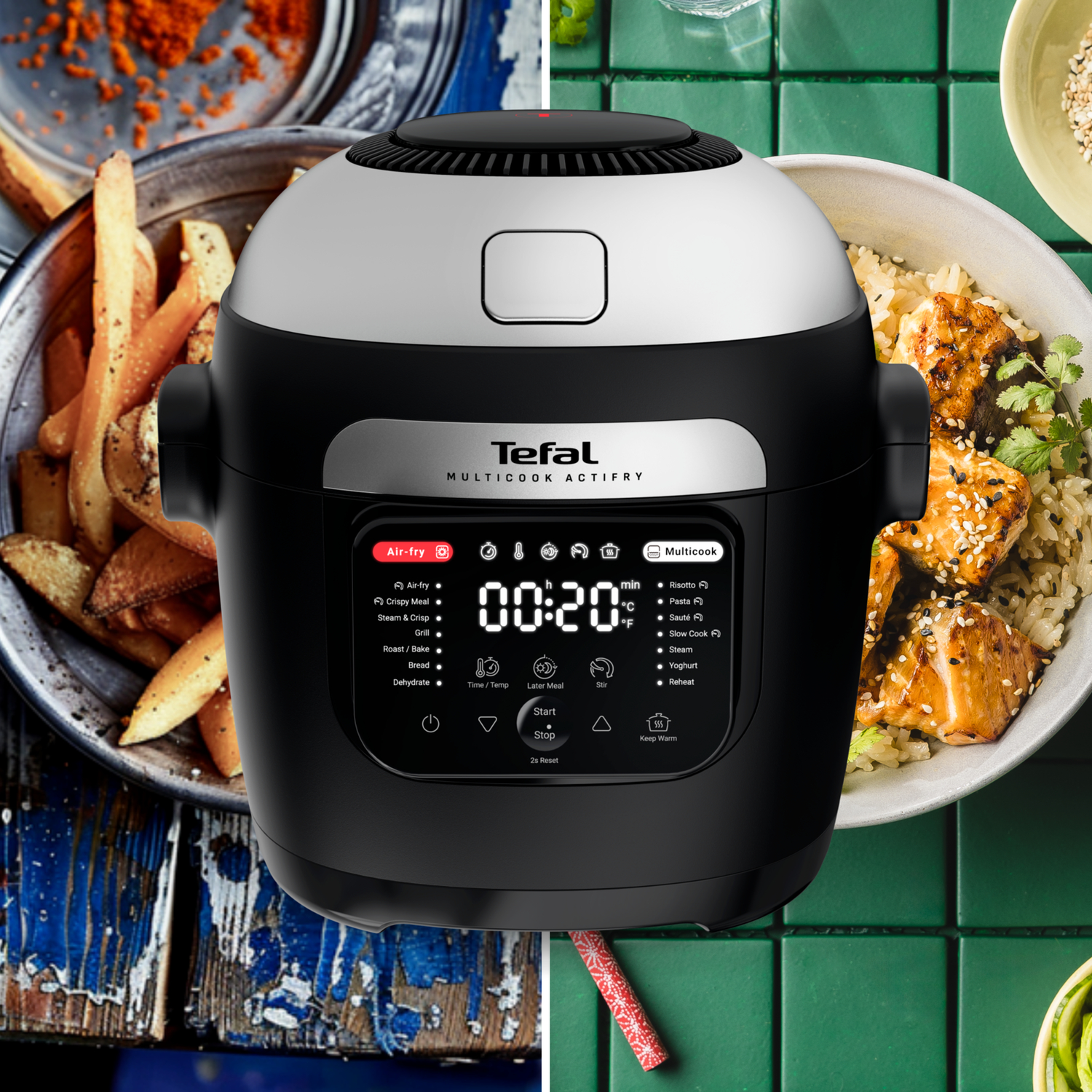 Een Tefal multicooker met een digitaal display, met verschillende voedselopties.