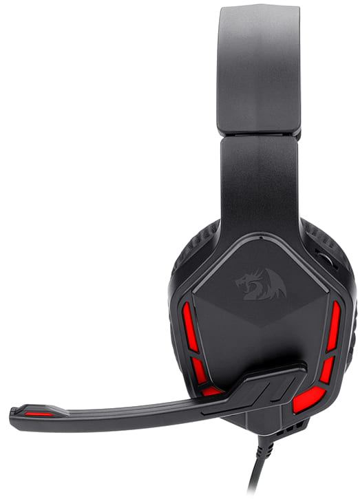 Fekete-piros gamer headset. A mikrofon lefelé nyúlik. Piros részletek a fülkagylókon.