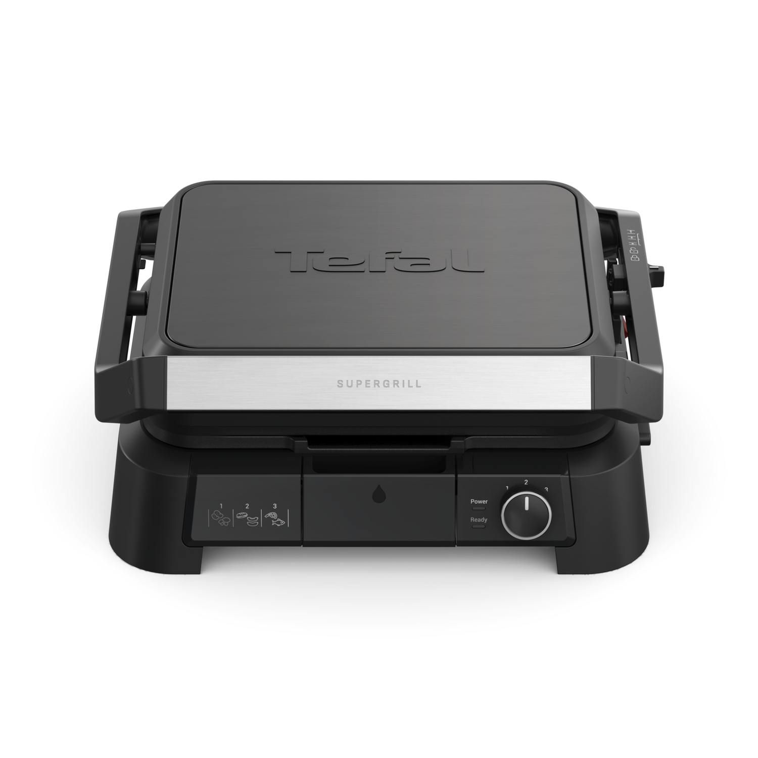 Een zwarte Tefal Supergrill met zilveren accenten, klaar voor gebruik.