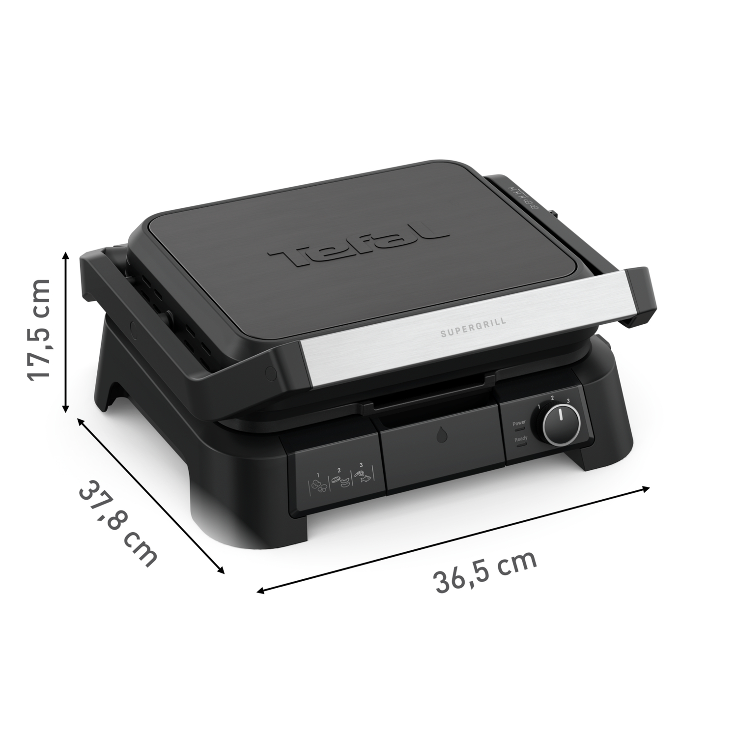 Zwarte Tefal Supergrill met afmetingen. Het heeft een zilveren handgreep en een draaiknop.
