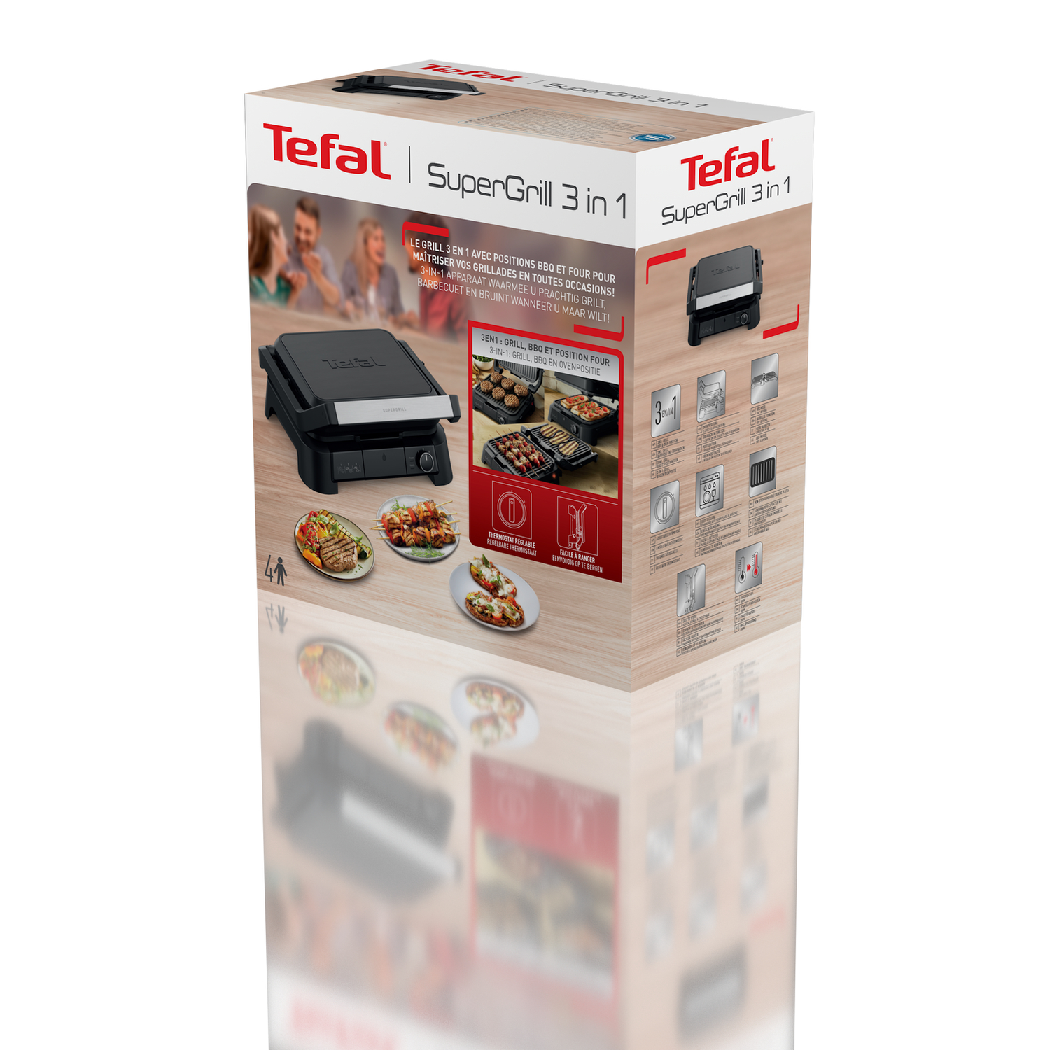 Tefal SuperGrill doos. Grill met afbeeldingen van eten, mensen en grillfuncties.