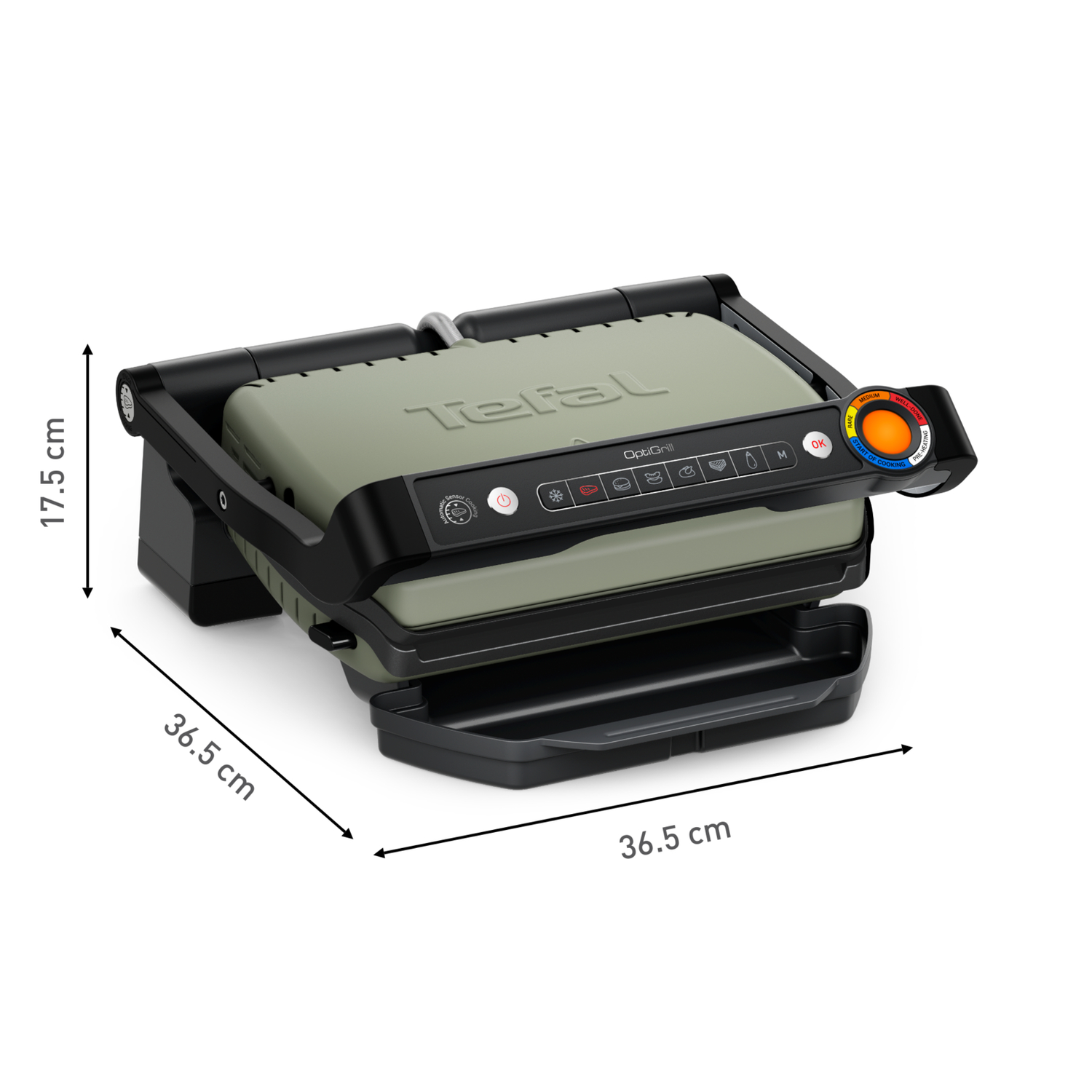 Tefal OptiGrill met een groen deksel, zwart frame en afmetingen, op een wit oppervlak.