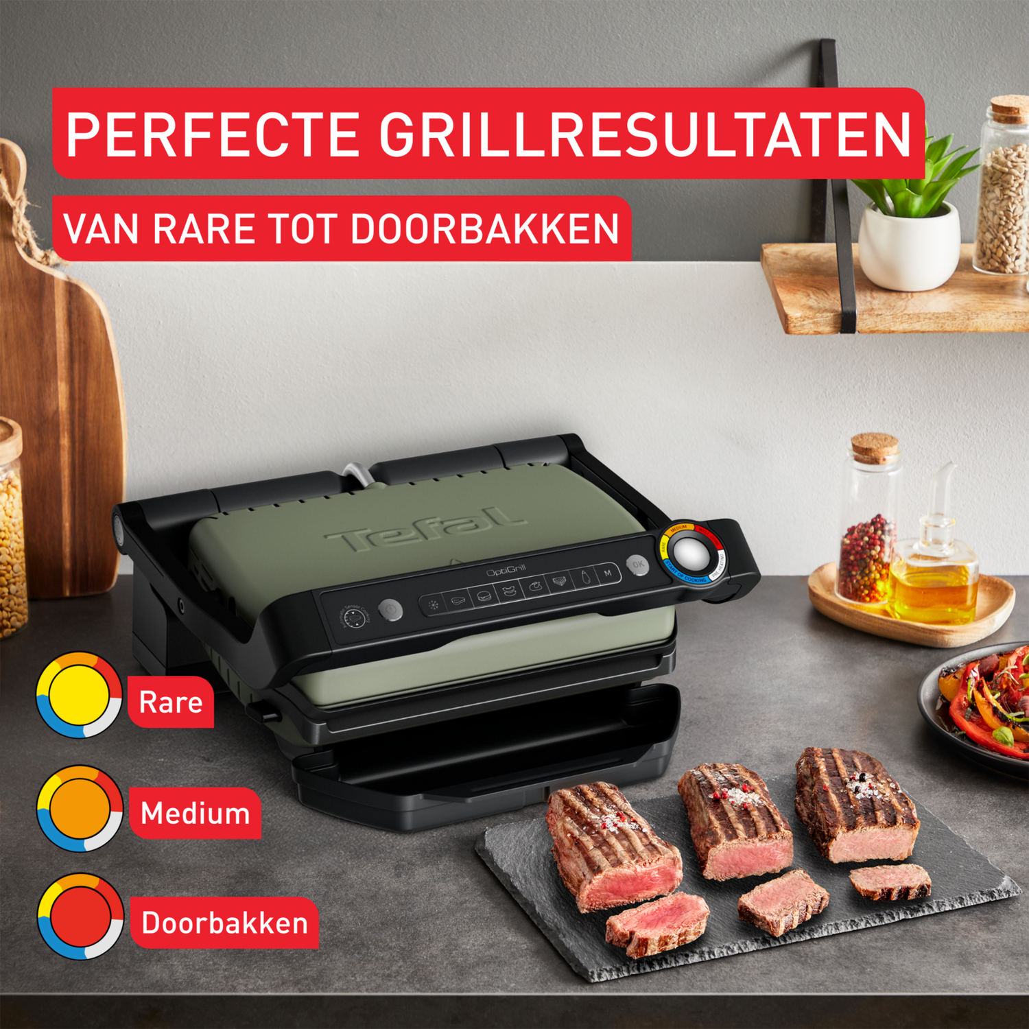 Een Tefal OptiGrill met gebakken steaks, die de gaarheidsniveaus toont: rare, medium en well-done.