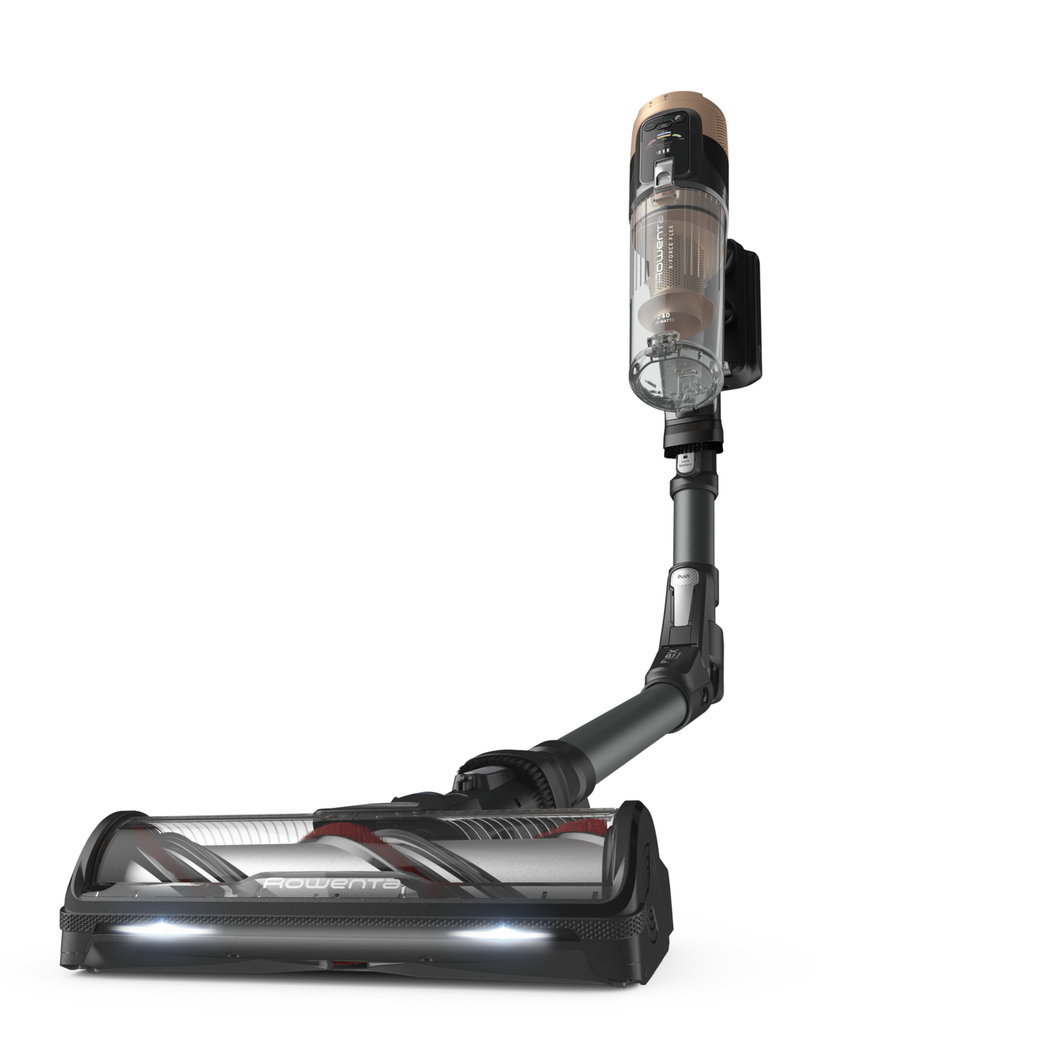 Un aspirateur avec une partie détachable. La tête de l'aspirateur est en bas.