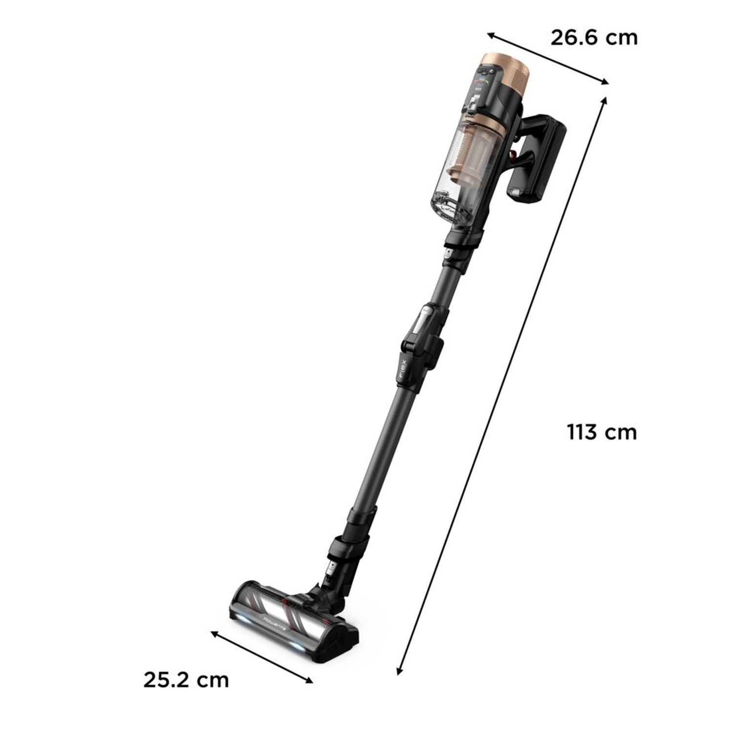 Aspirateur noir et or avec mesures : 25,2 cm, 26,6 cm et 113 cm.