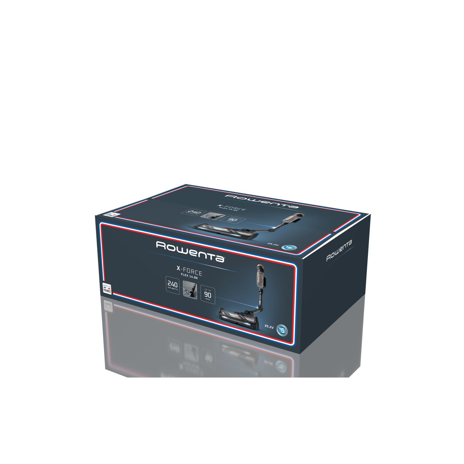 Boîte Rowenta X-Force Flex 240. Bleu et noir avec images et texte de l'aspirateur.