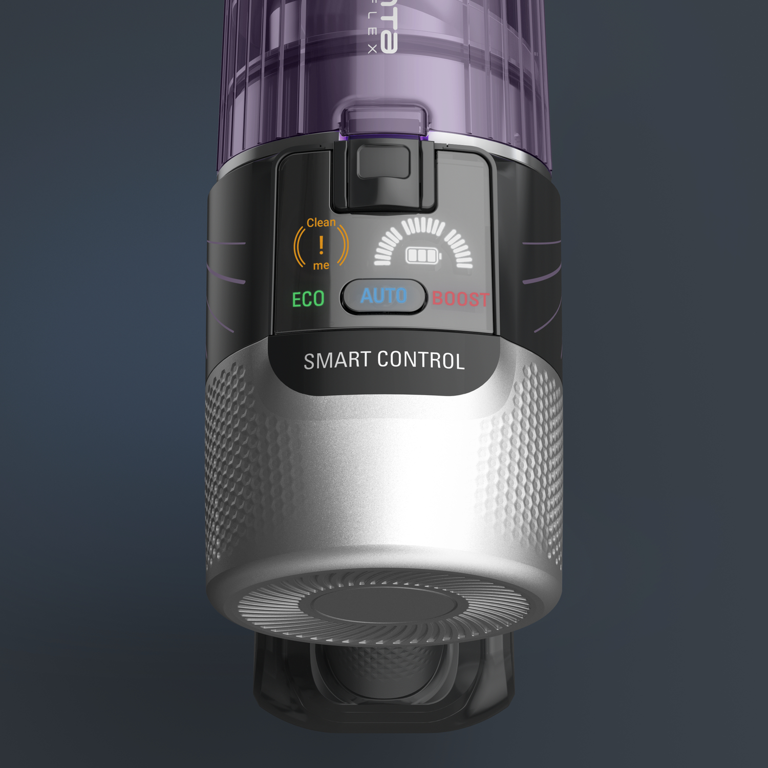 Vacuum cleaner with a smart control panel showing power levels and modes, on a dark background.