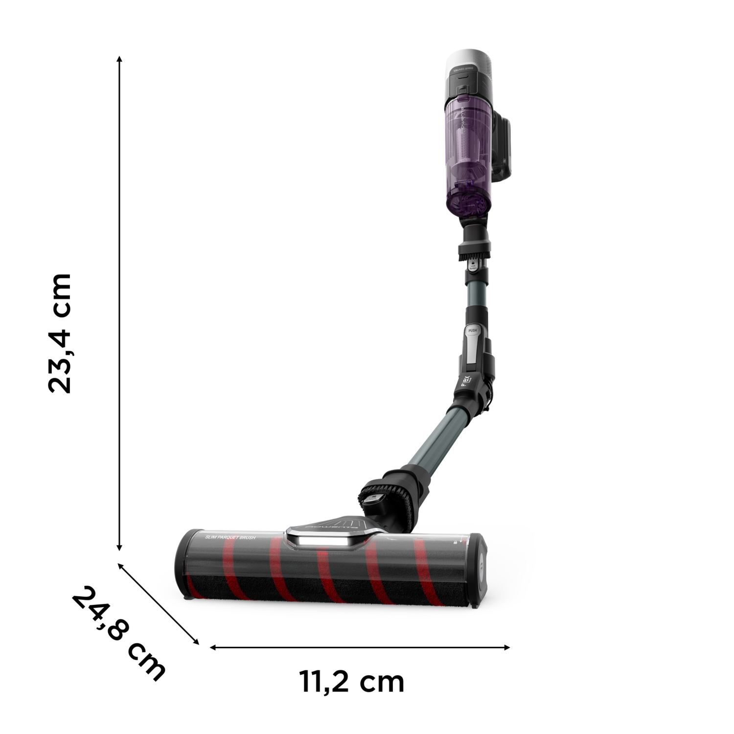 Vacuum cleaner with dimensions, black and red brush head, white background.