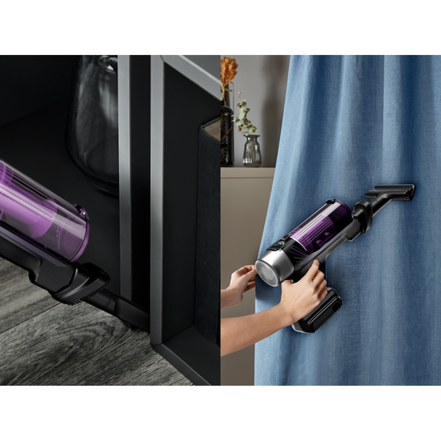 A cordless vacuum cleaner in black and purple, cleaning a space and a curtain.