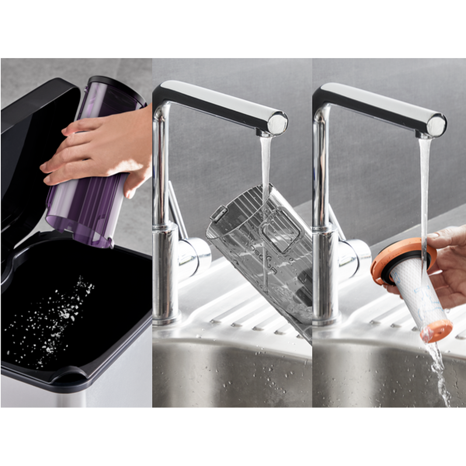 Three-part image showing vacuum parts being cleaned under running water.