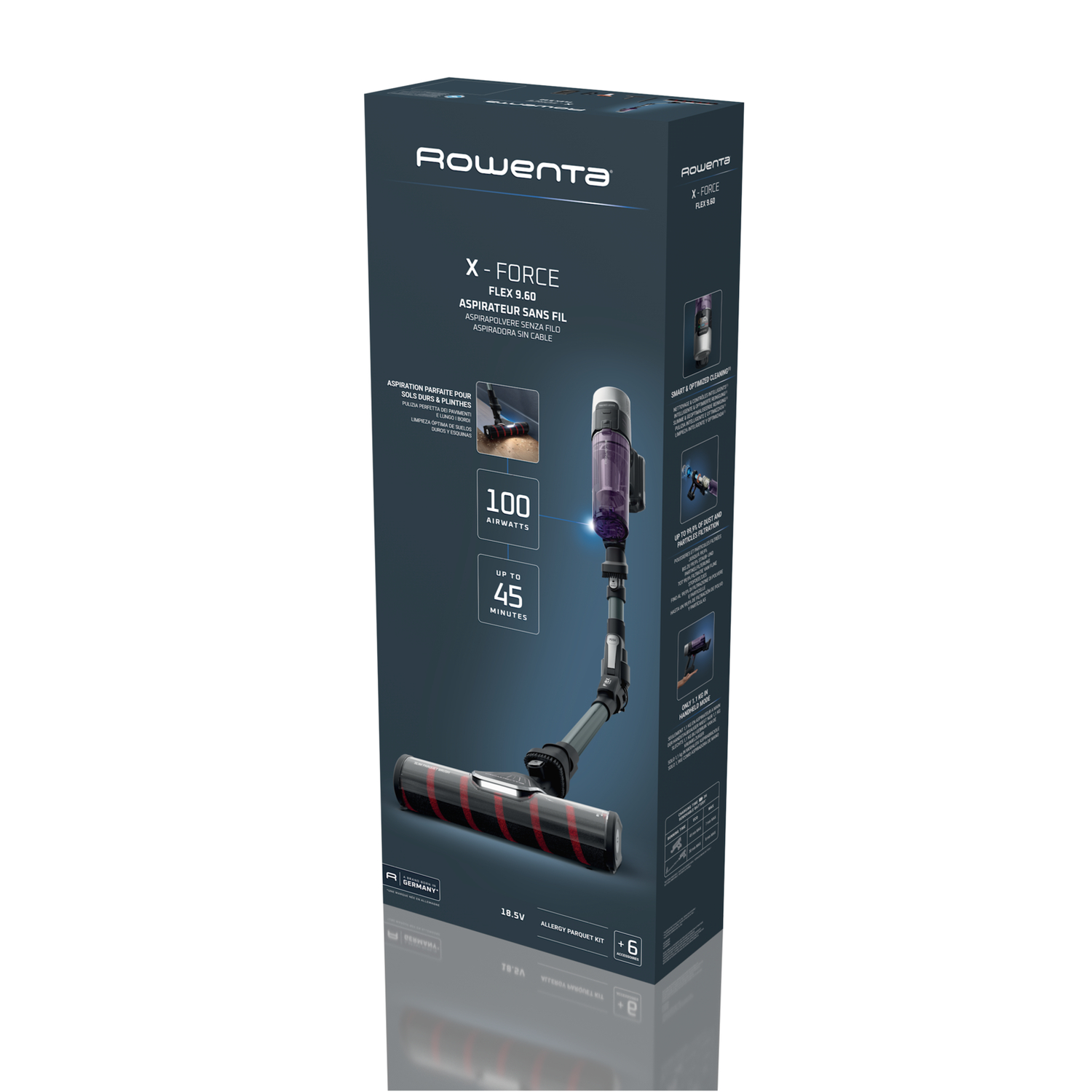 A product box for a Rowenta X-Force Flex 8.60 cordless vacuum cleaner, with product details.