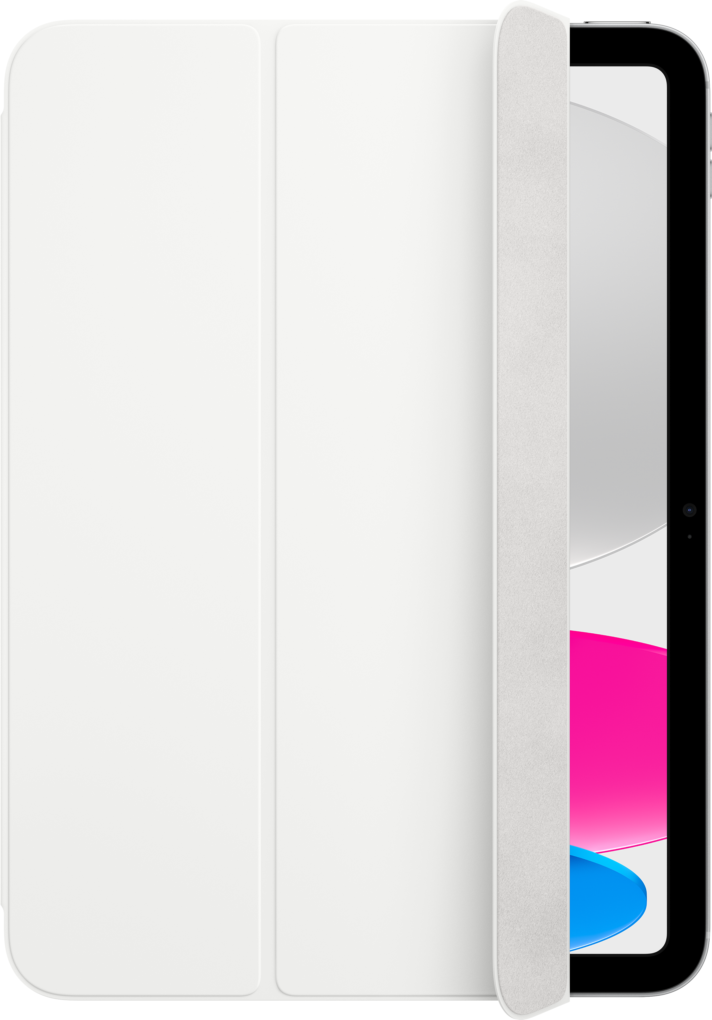 Weiße iPad-Hülle mit gefaltetem Cover, zeigt iPad-Bildschirm mit Grafik.