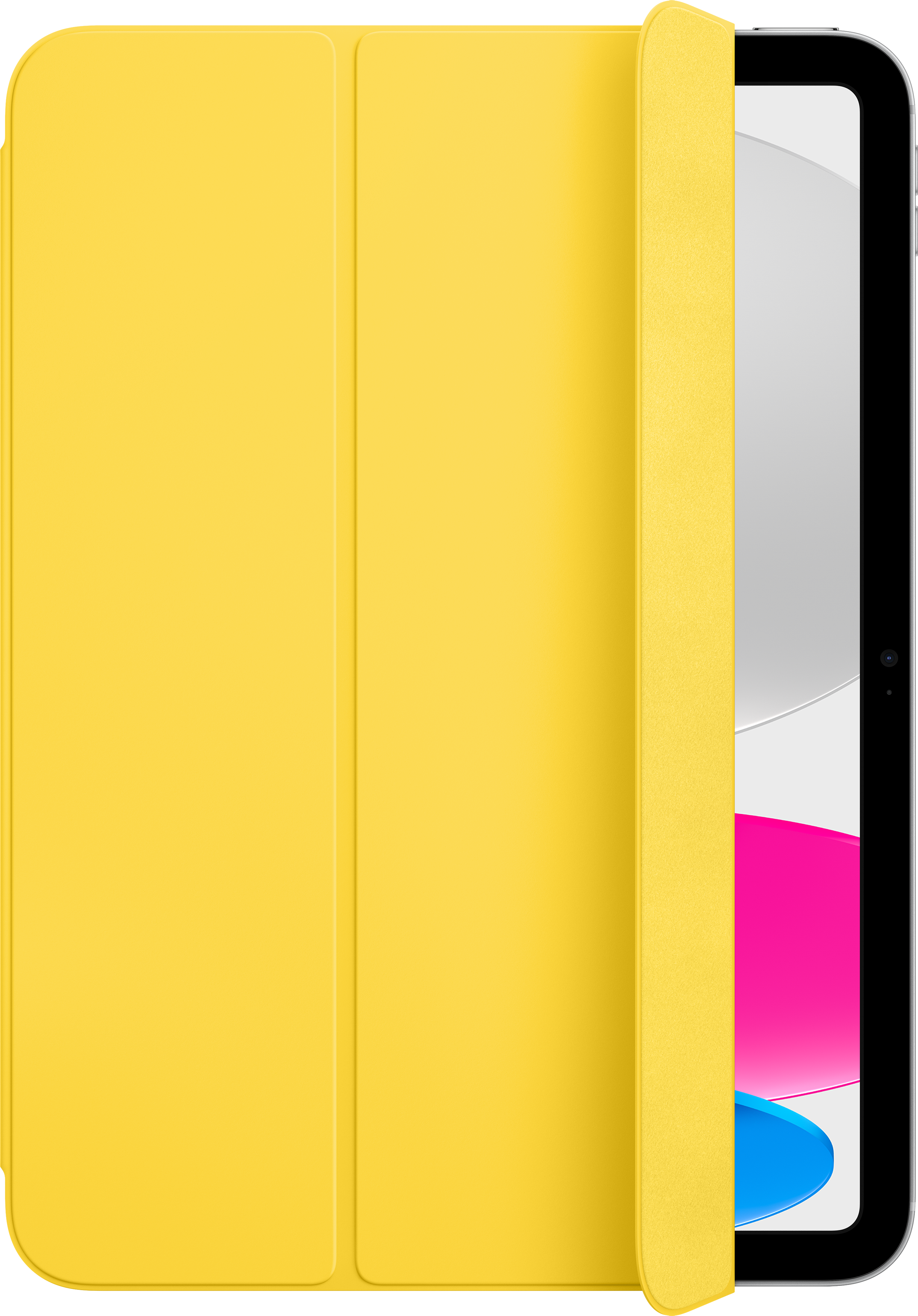 Gelbe Tablethülle. Die Hülle ist offen und gibt den Bildschirm mit Pink und Blau frei.