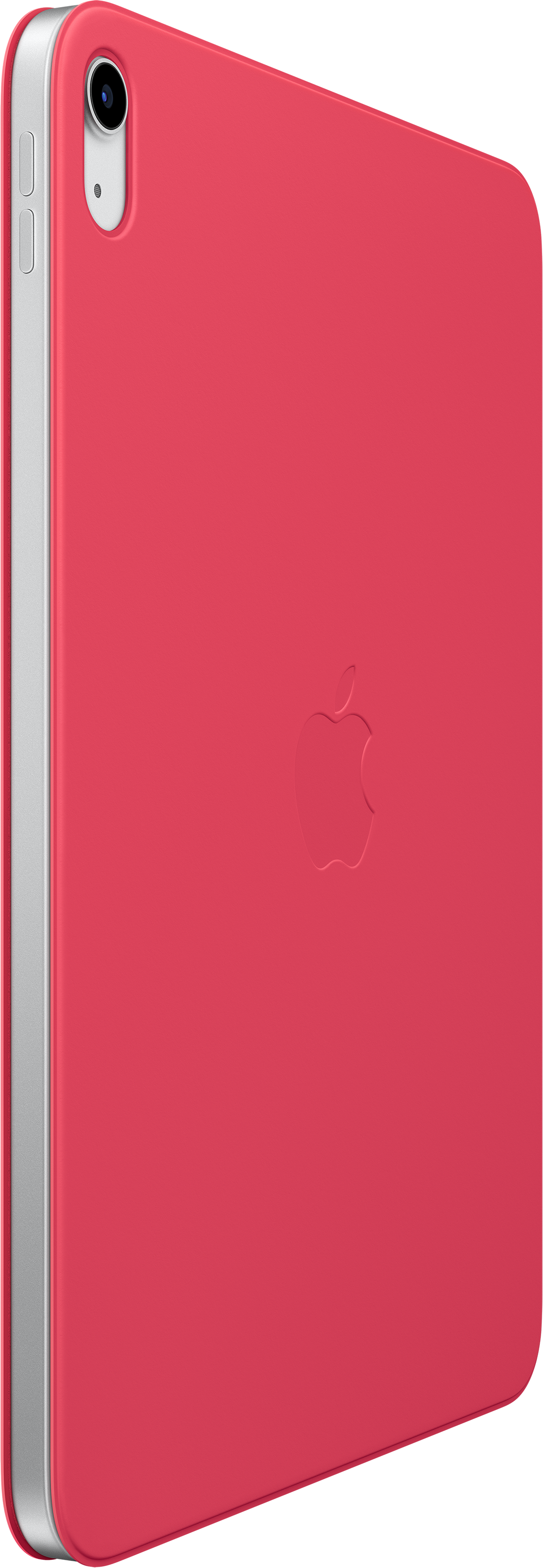 Seitenansicht eines roten iPad mini in roter Hülle. Das Apple-Logo ist sichtbar.