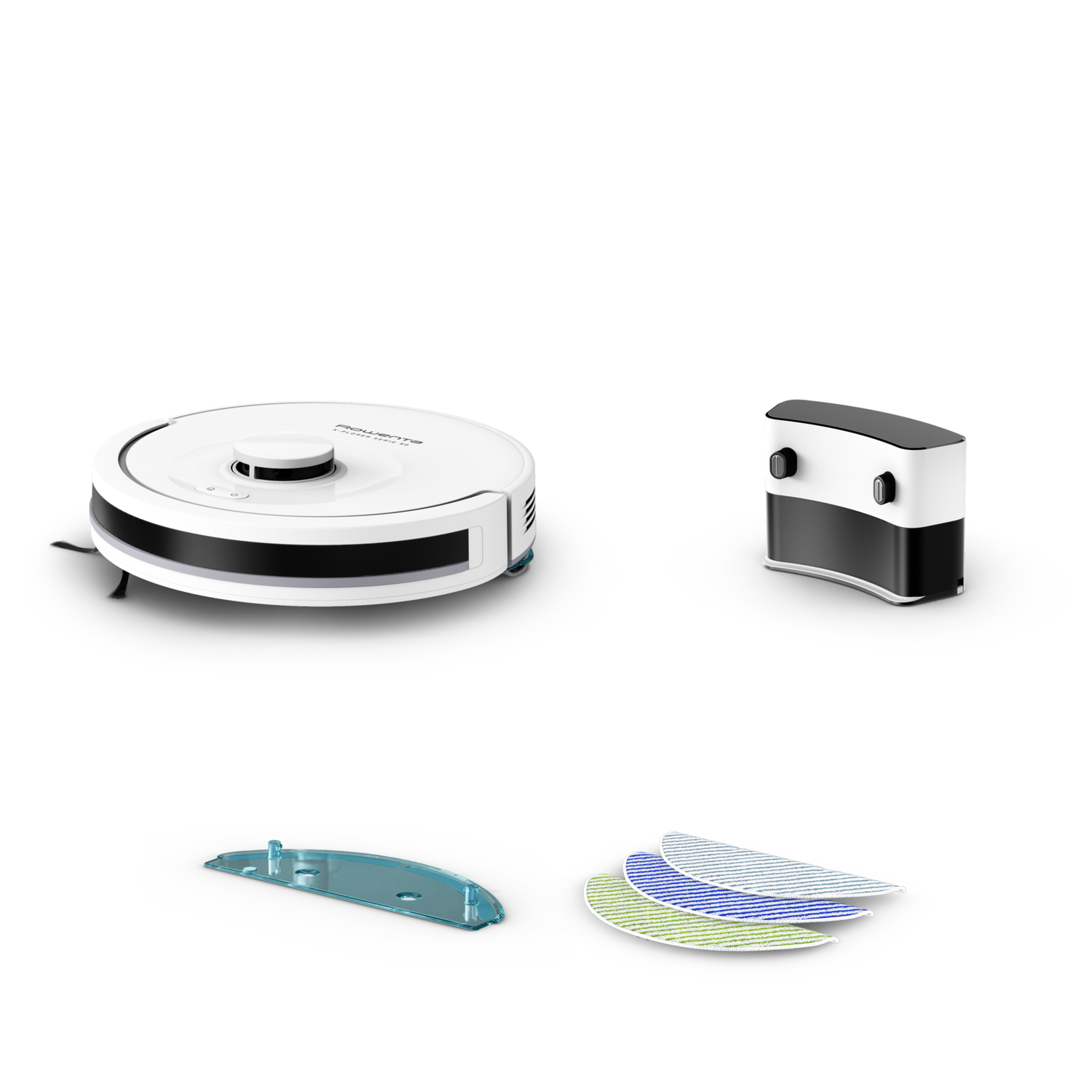 A white robot vacuum cleaner with a black and white charging base.