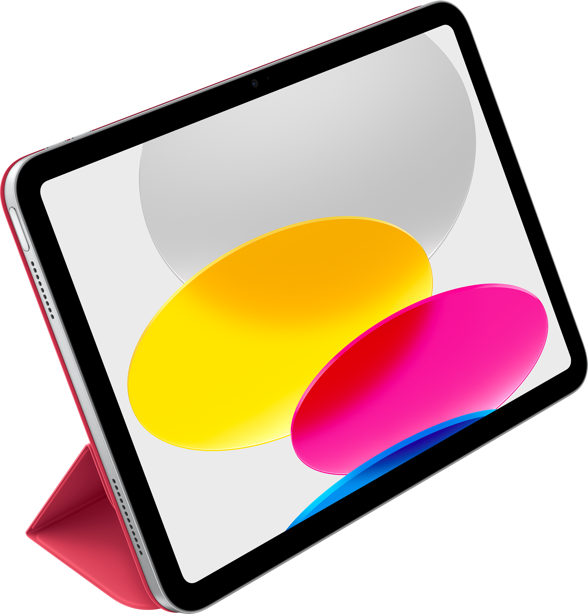Ein iPad mit roter Hülle. Der Bildschirm zeigt ein farbenfrohes abstraktes Design.