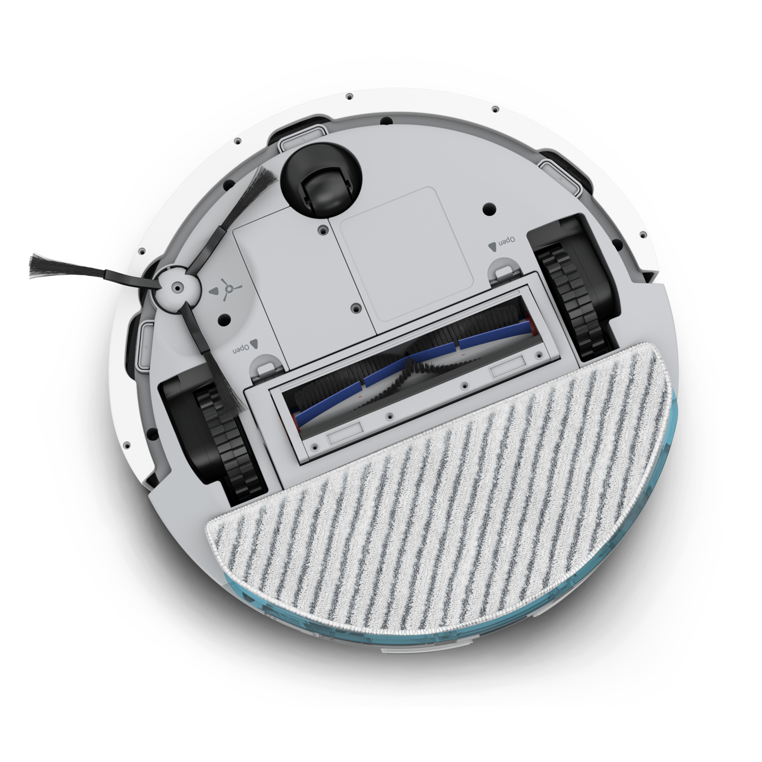 The underside of a robot vacuum cleaner, showing brushes and wheels.