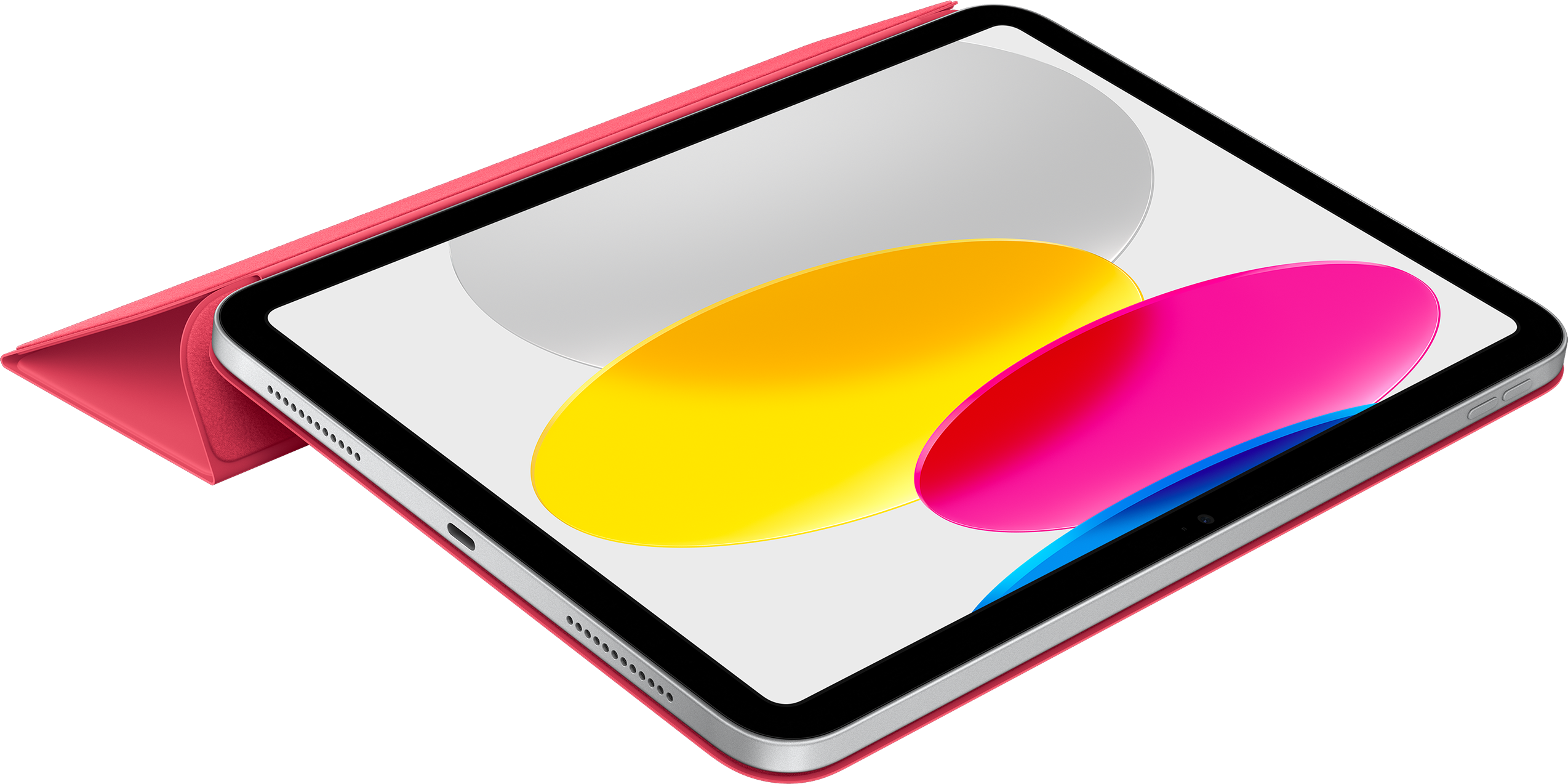 Tablet mit roter Hülle, zeigt einen bunten Bildschirm, auf schwarzem Hintergrund.