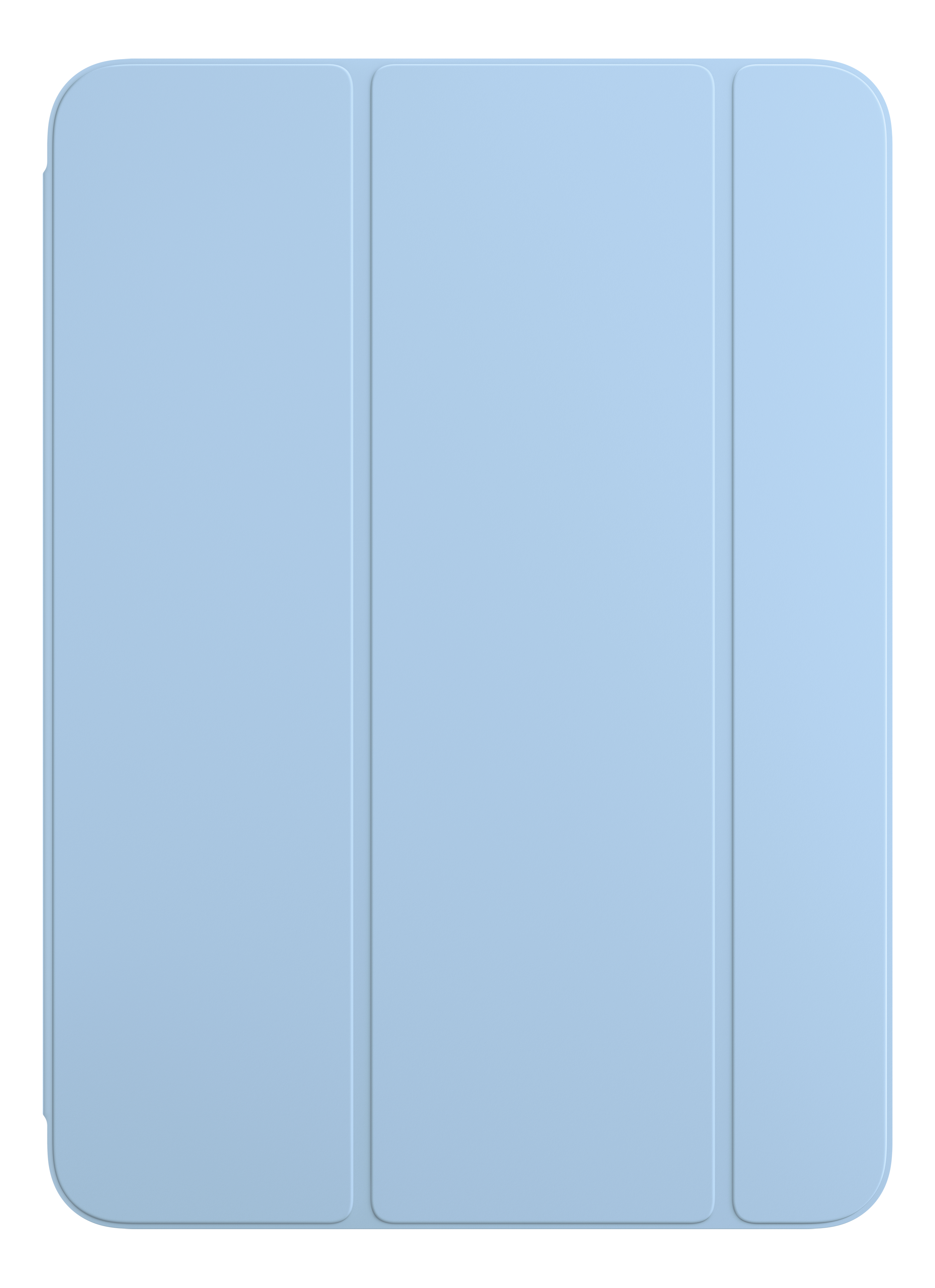 Hellblaue Tablet-Hülle. Geschlossen, zeigt drei Paneele. Auf schwarzem Hintergrund isoliert.