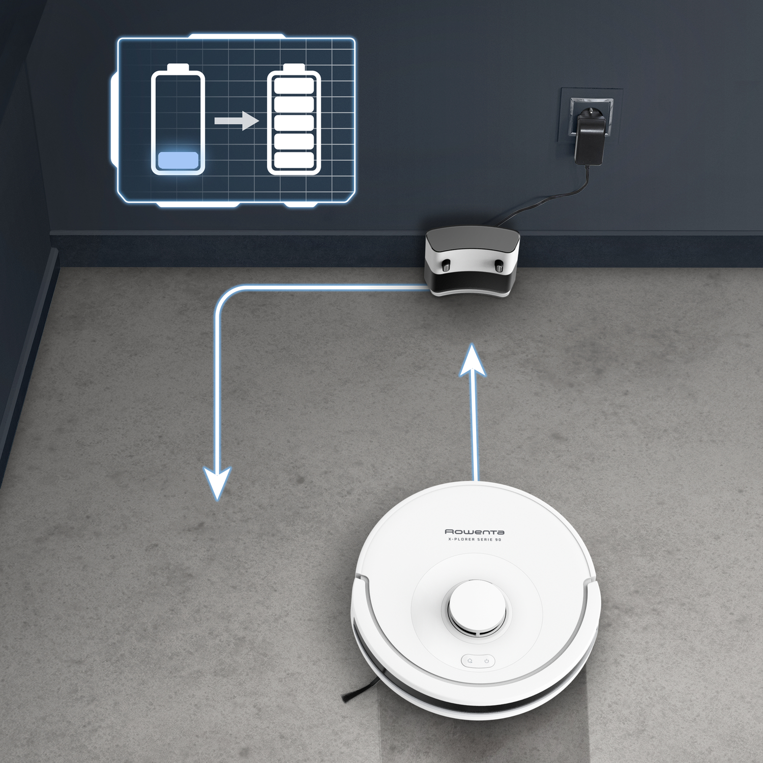 White robot vacuum cleaner charging and showing a charging animation. White background.
