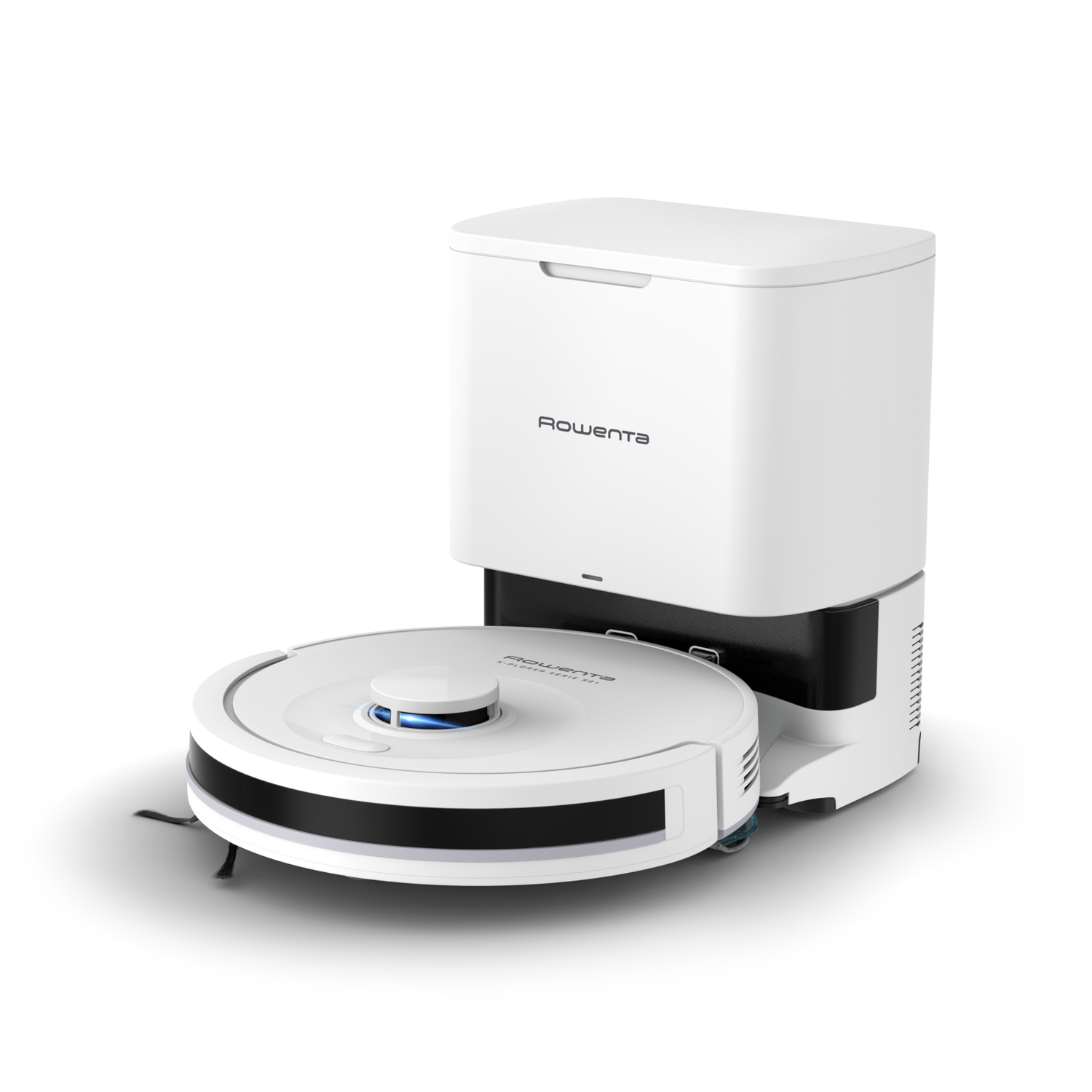 White and black robot vacuum cleaner with a charging station.