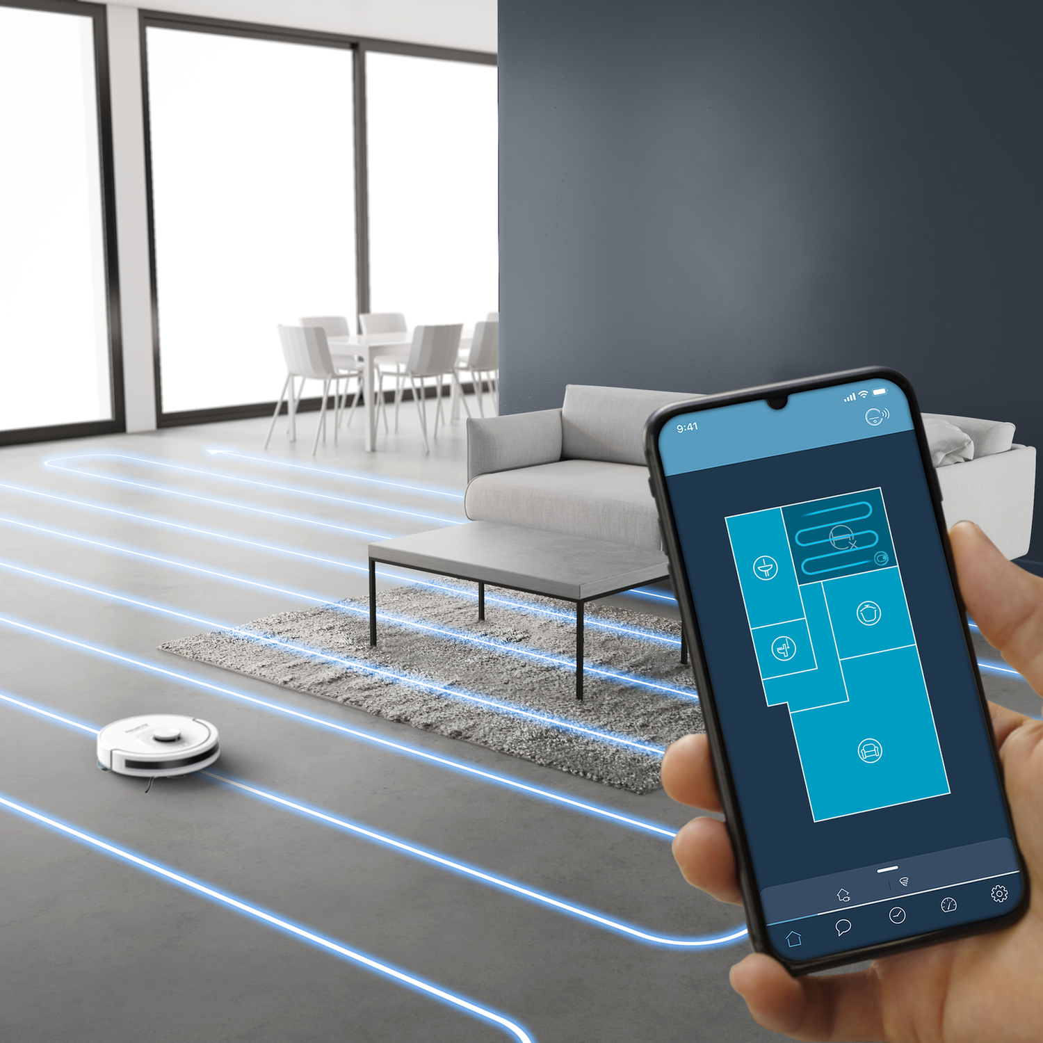 Robot vacuum cleaner with blue light lines mapping a room on a smartphone screen.